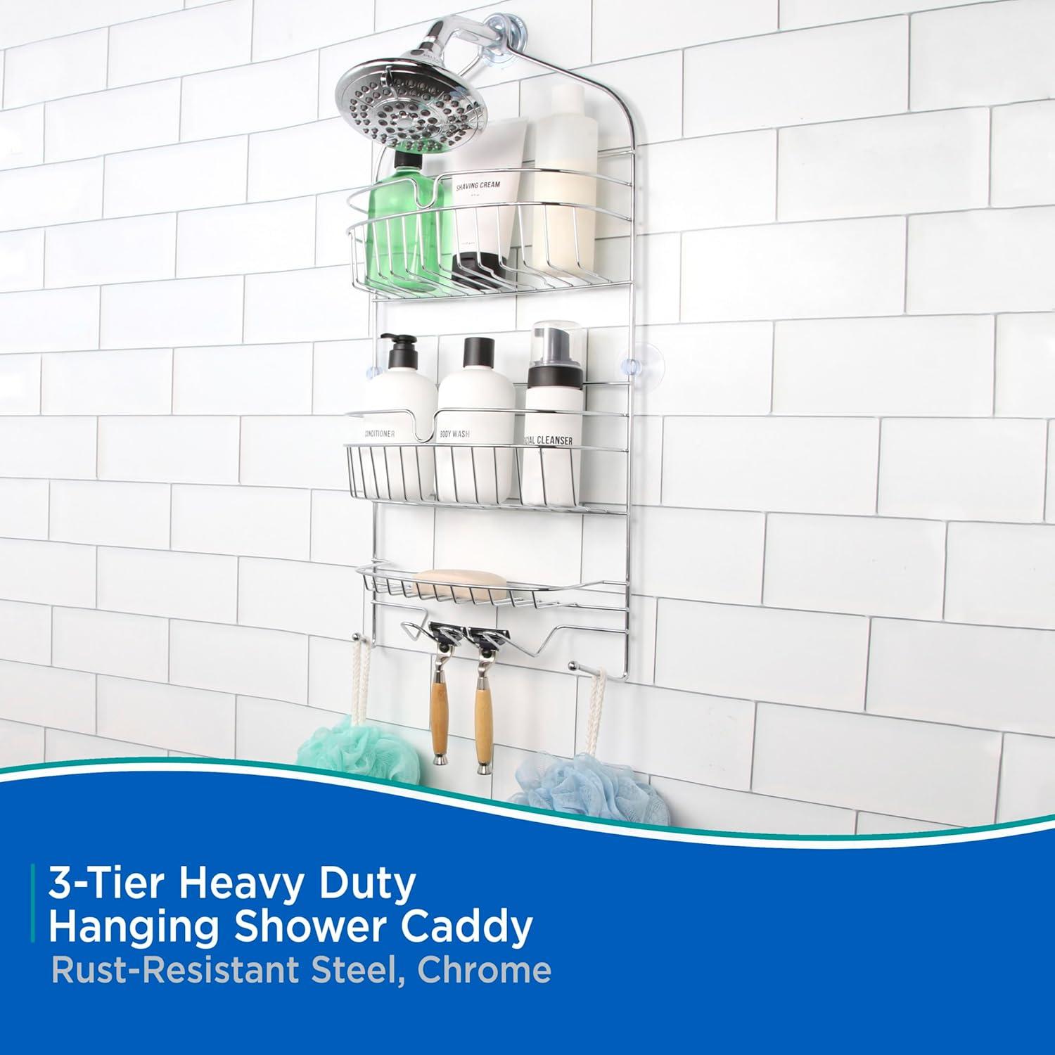 Kenney® Rust-Resistant Heavy Duty 3-Tier Large Hanging Shower Caddy with Suction Cups and Four Razor Holders, Chrome