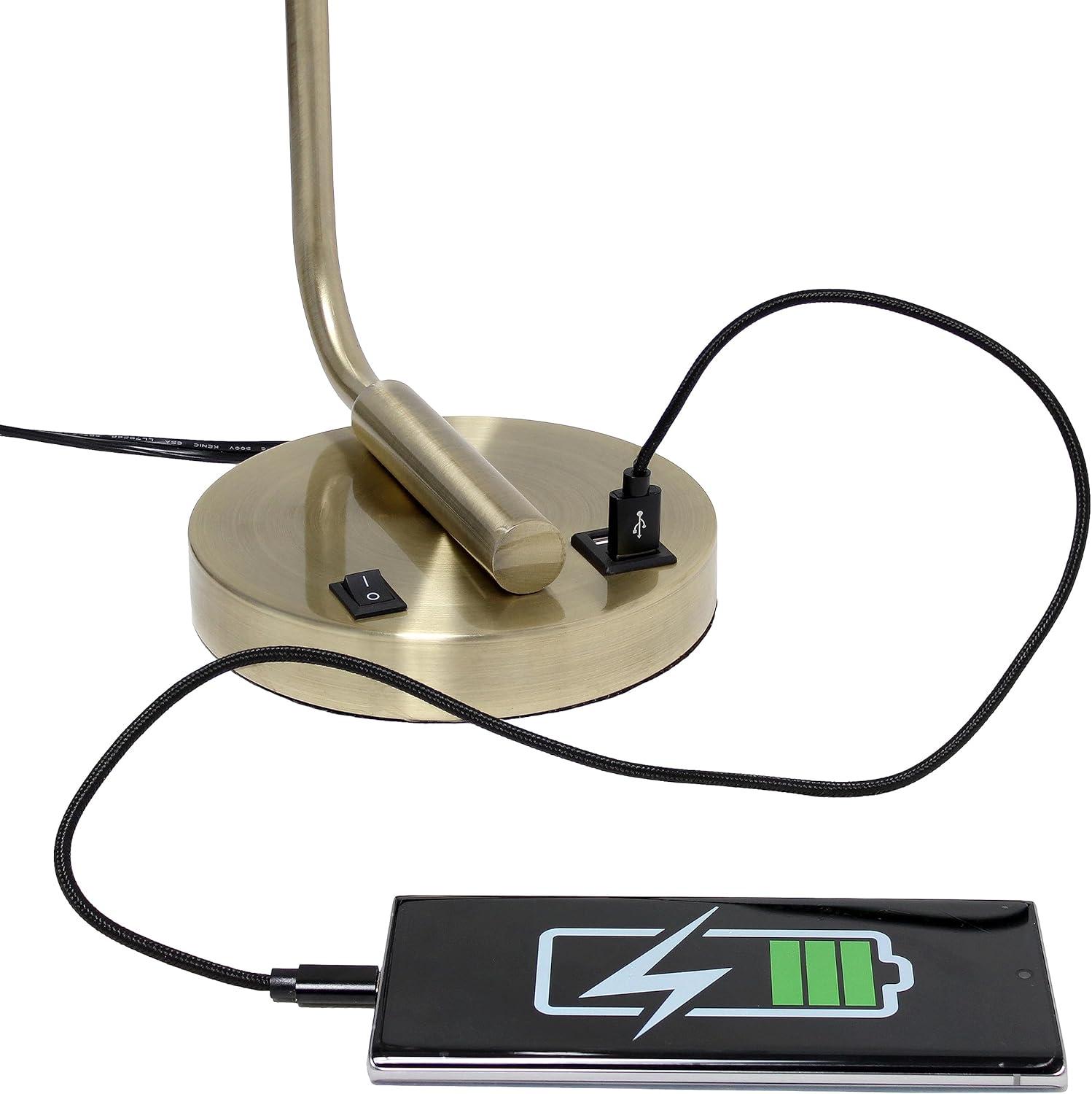 Modern Iron Desk Lamp with USB Port and Glass Shade Antique Brass Finish - Lalia Home: ETL Listed, No Assembly, Edison Bulb Compatible