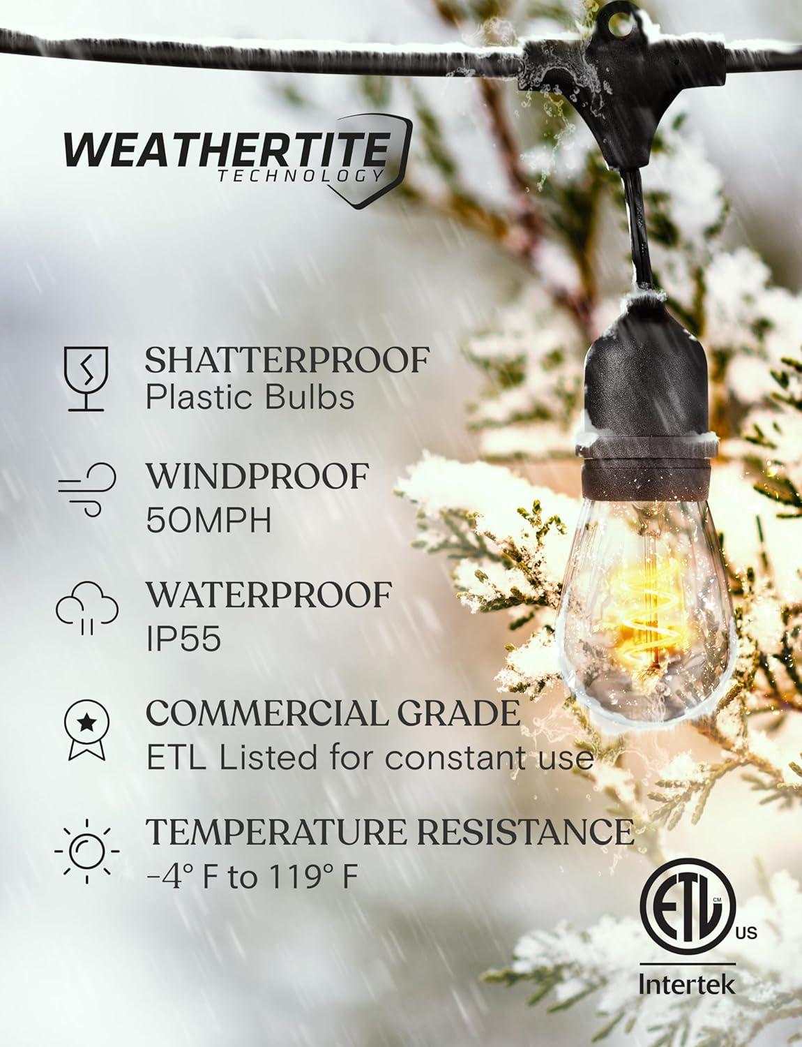 Brightech Ambience Pro - Waterproof LED Outdoor String Lights - 15 Bulbs, Dimmable 2W Vintage Spiral Edison Bulbs - 48 Ft Commercial Grade Patio Lights Cafe Ambience in Your Backyard