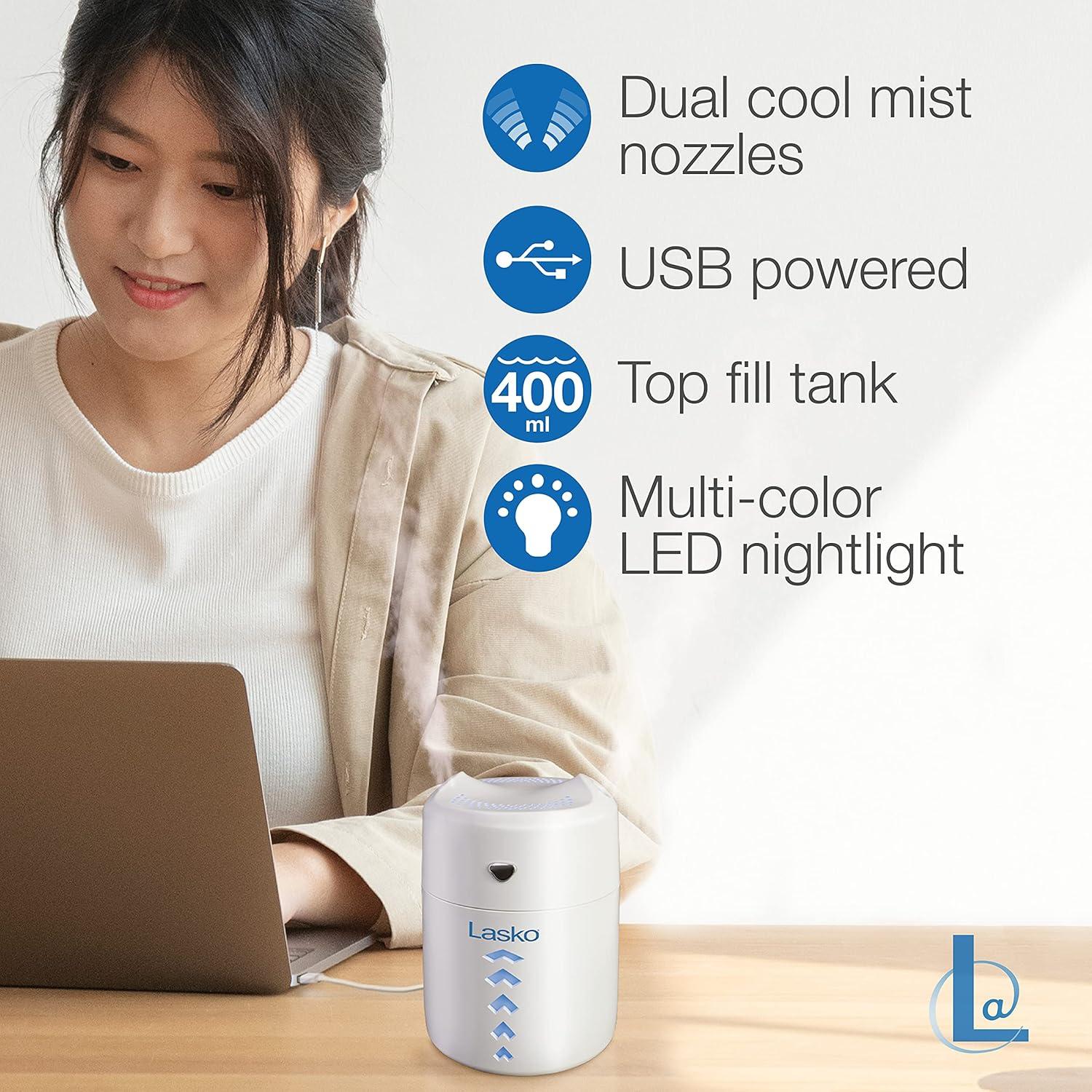 Lasko Ultrasonic Cool Mist Personal Humidifier, 0.4 Liter, Portable Home Water Vaporizer and Air Purifier for Bedroom and Small Room, White