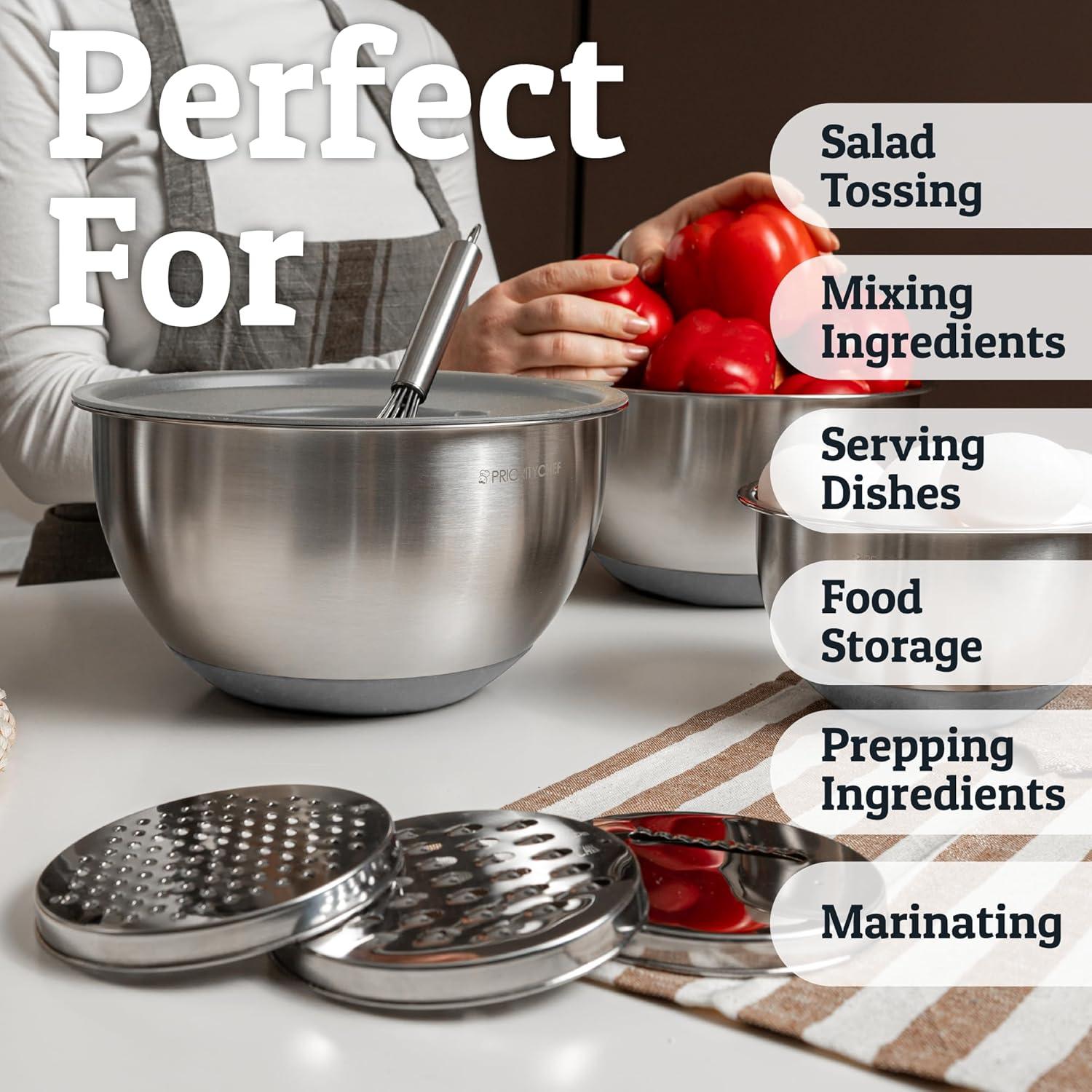 Mixing Bowls with Lids Set - Nesting Bowls with Airtight Lids + Graters - Stainless Steel Non-Slip Mixing Bowl for Baking, (Red, 5-Piece Set)