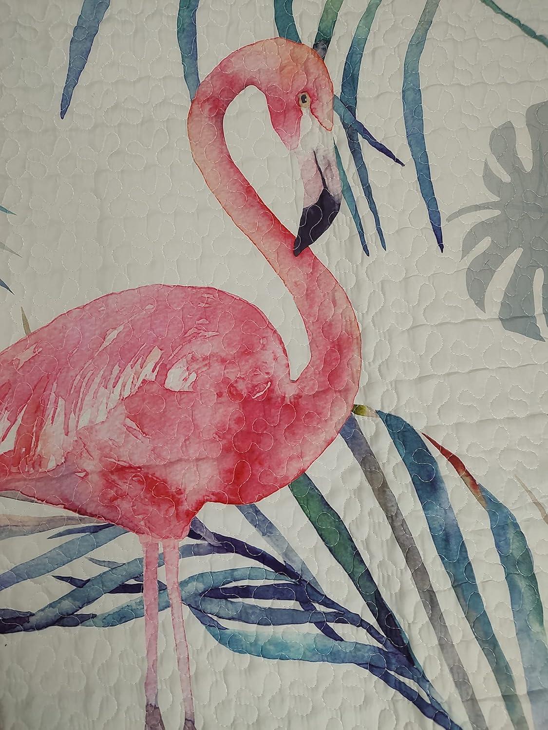 De Leon Collections Coastal Living Pink Flamingo & Aqua Palms Tropical Beach Vibes Decorative Quilt Bedding Set