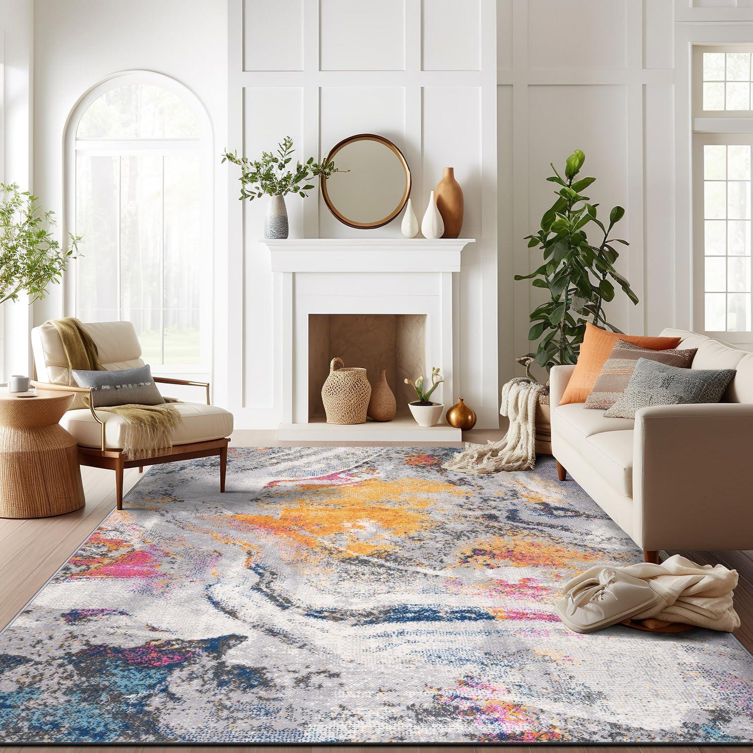 World Rug Gallery Distressed Contemporary Abstract Watercolor Stain Resistant Soft Area Rug