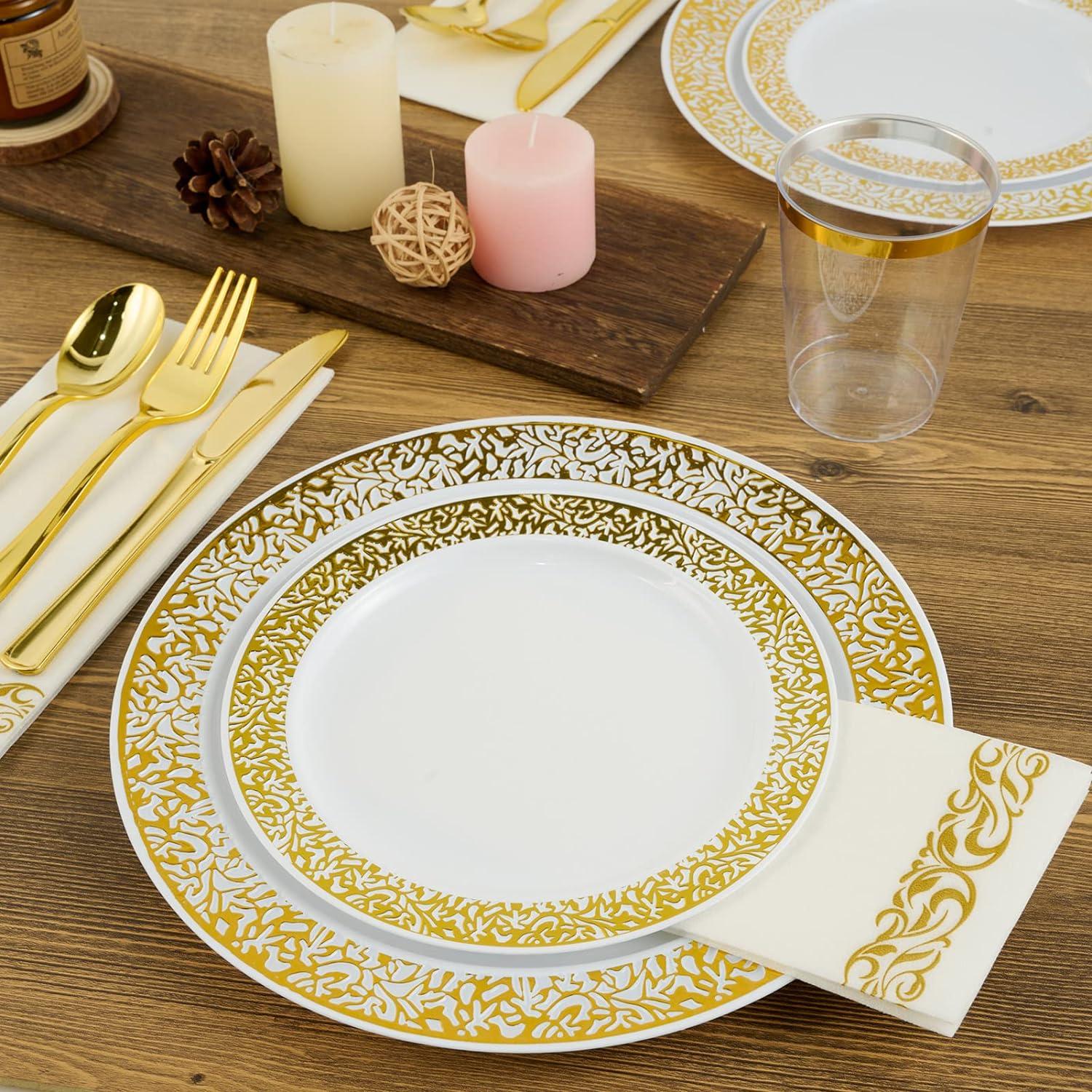 FOCUSLINE 350 Piece Gold Rim Dinnerware Set, Disposable Plastic Plates for Party or Wedding-100 Plastic Plates-50 Plastic Silverware-50 Plastic Cups-50 Linen Feel Napkins(50 Guest)