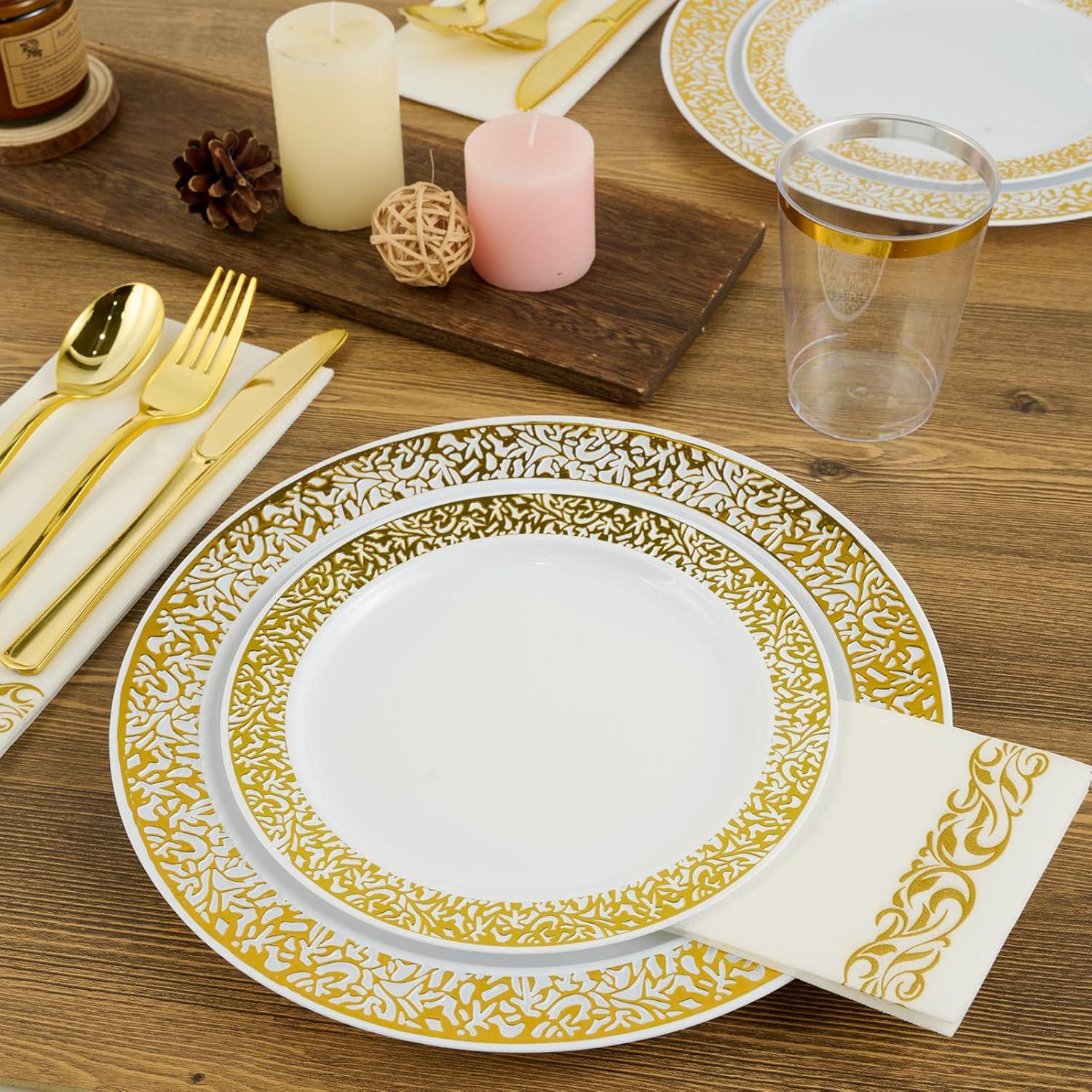 FOCUSLINE Gold Plastic Plates Set of 102, Disposable Plates with Gold Lace 51 Dinner Plate 10.25 Inch & 51 Salad Dessert Appetizer Plate 7.5 Inch, Elegant Fancy Heavy Duty Wedding Party Plates