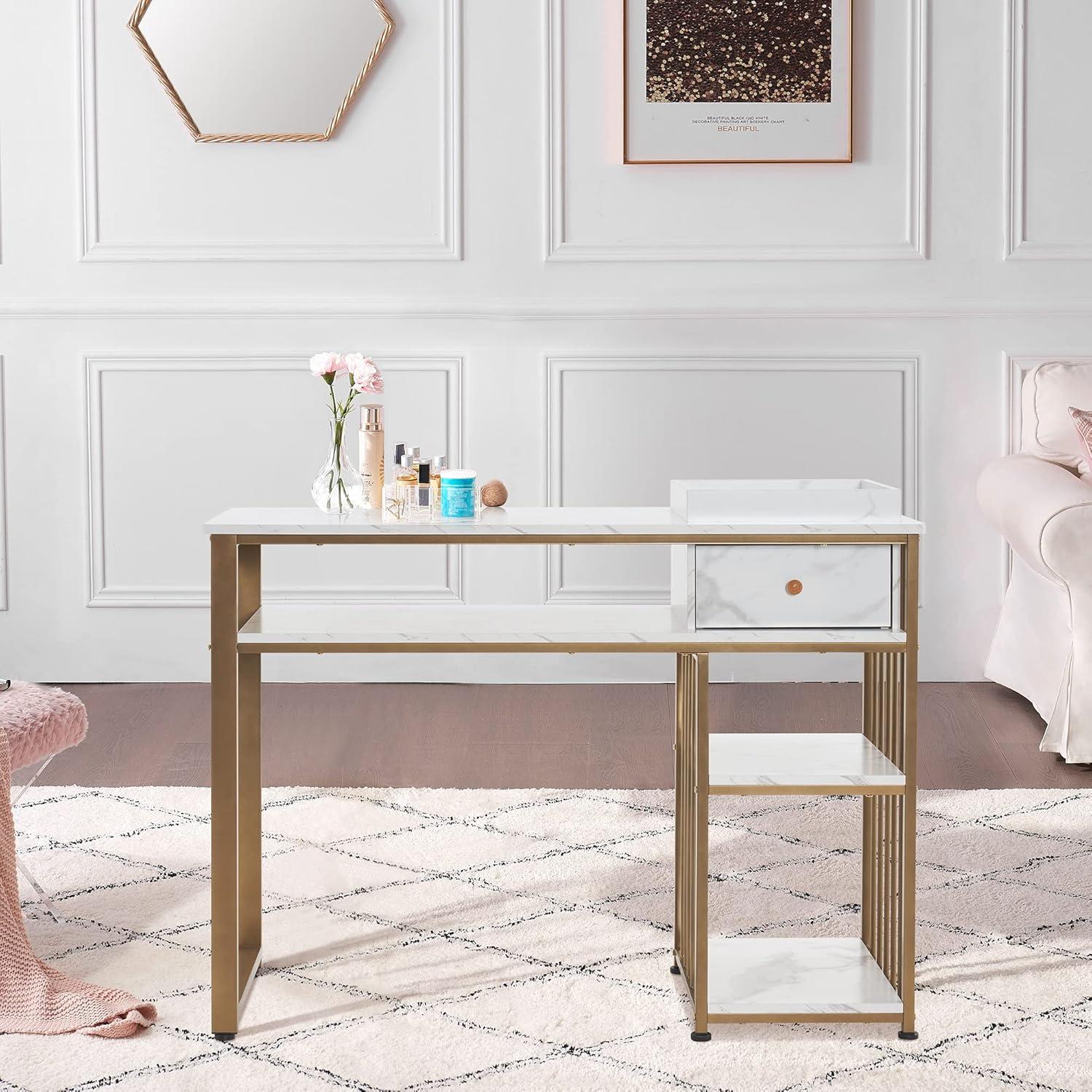 BarberPub Makeup Vanity Desk with Storage, Manicure Table with Metal Frame, Faux Marble Top