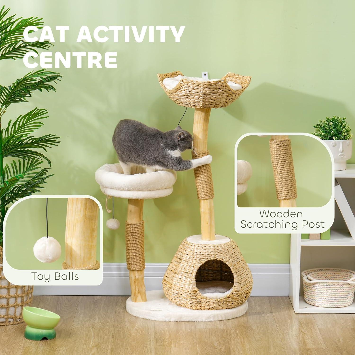 PawHut Cat Tree for Indoor Cats, 41" Cat Tower with Wooden Cat Scratching Posts, Cat Condo, Cat Beds & Toy Balls, Cream White