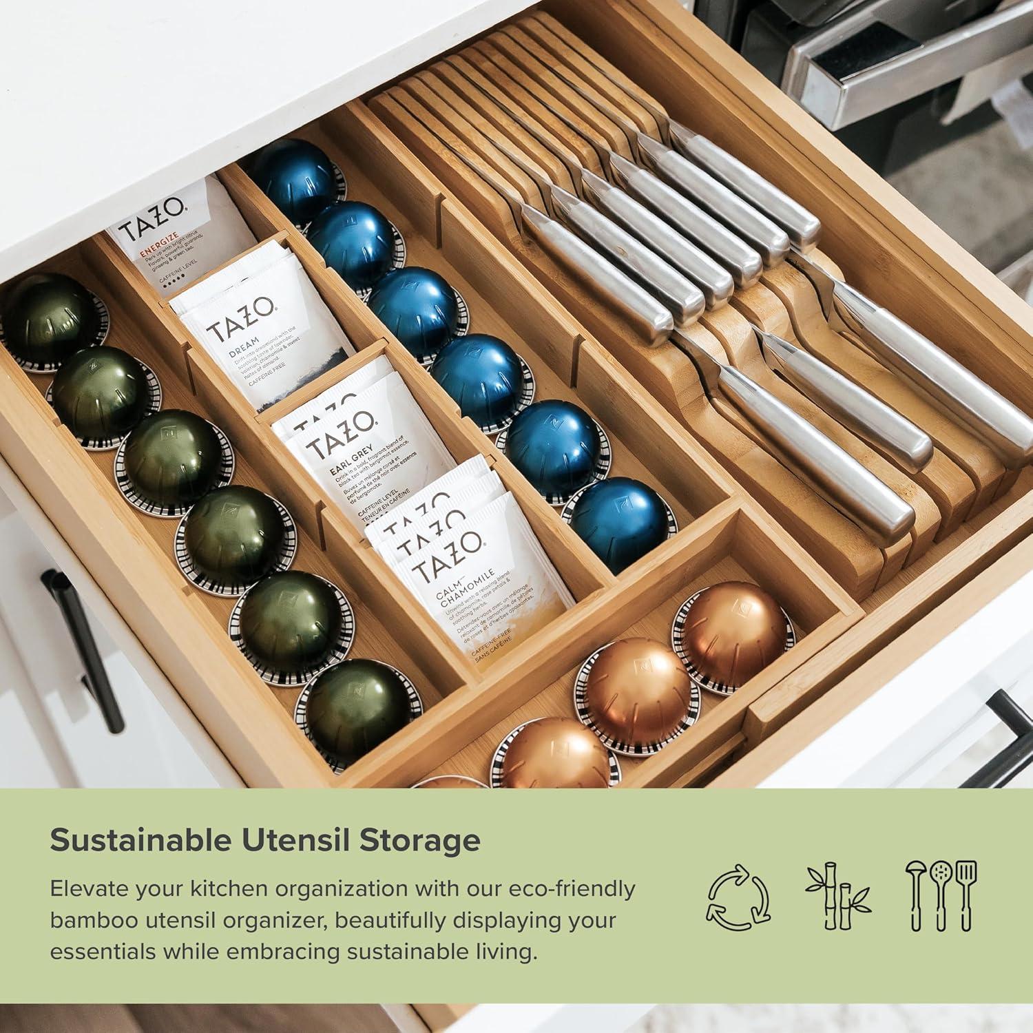 KitchenEdge Tea Bag and Coffee Pod Kitchen Drawer Organizer, Expandable 10 to 17 Inches, 10 Accessory Compartments with Adjustable Wall Inserts, Non-Slip Rubber Feet, 100% Sustainable Bamboo Wood