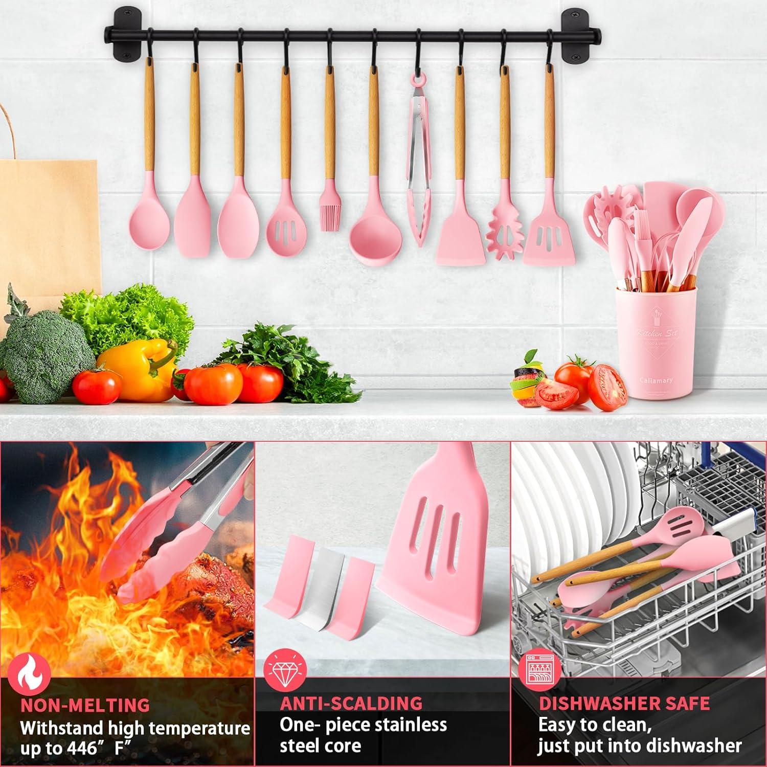 11-Piece Pink Silicone Kitchen Utensil Set with Wooden Handles