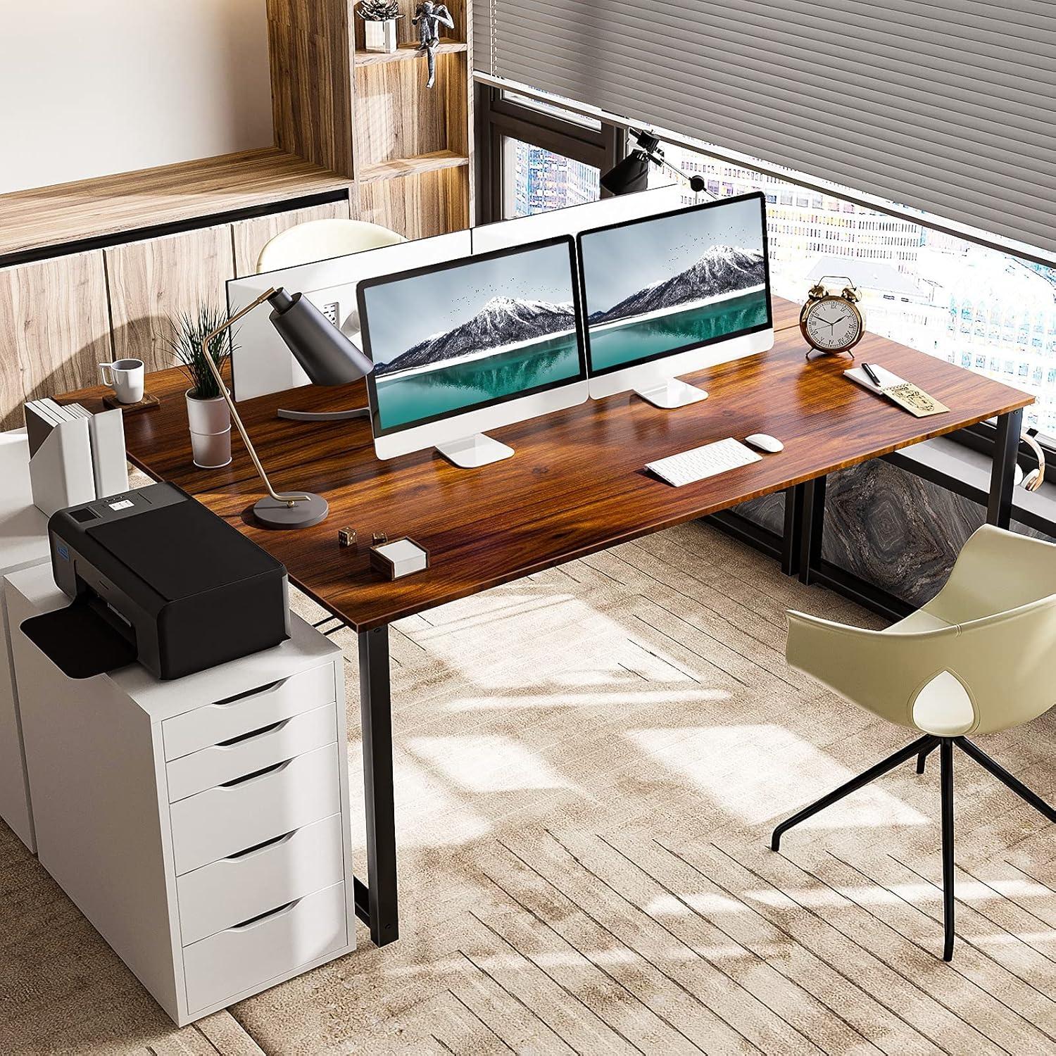 Deep Brown Rectangular Wood Computer Desk with Metal Frame