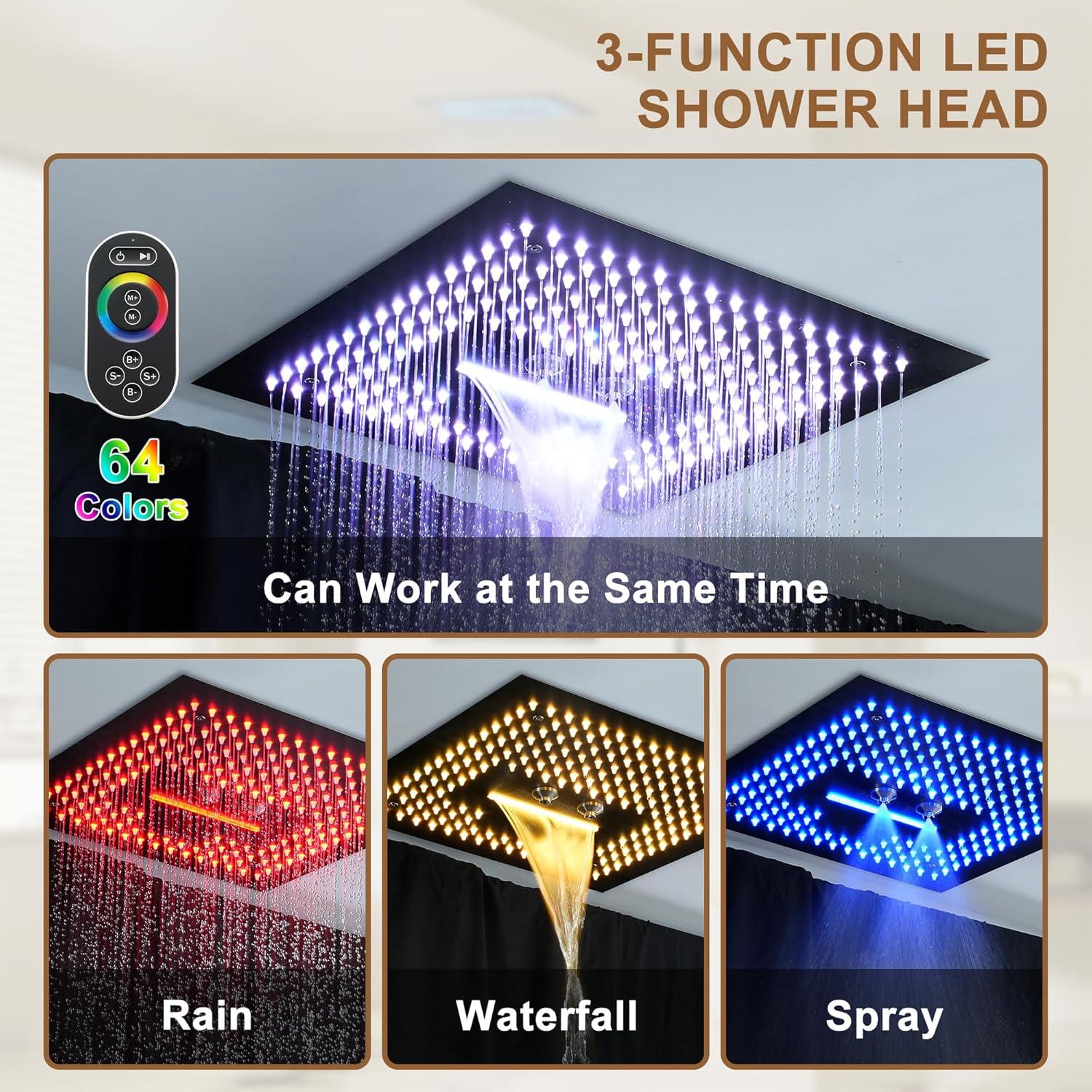 Camino 4-Function Luxury 16 Inch Thermostatic Rain Shower Set with Remote Control 64 Color Lights