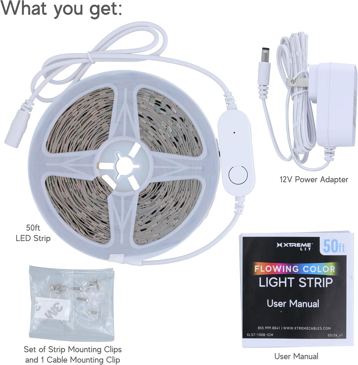 Xtreme Lit 50ft Bluetooth LED Light Strips, Flowing Color Effect, App Use, Indoor, Corded Electric