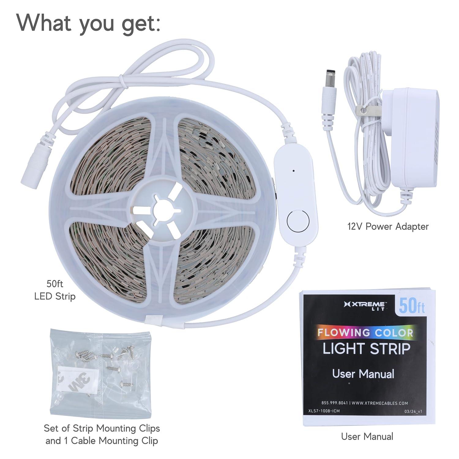 Xtreme Lit 50ft Bluetooth LED Light Strips, Flowing Color Effect, App Use, Indoor, Corded Electric