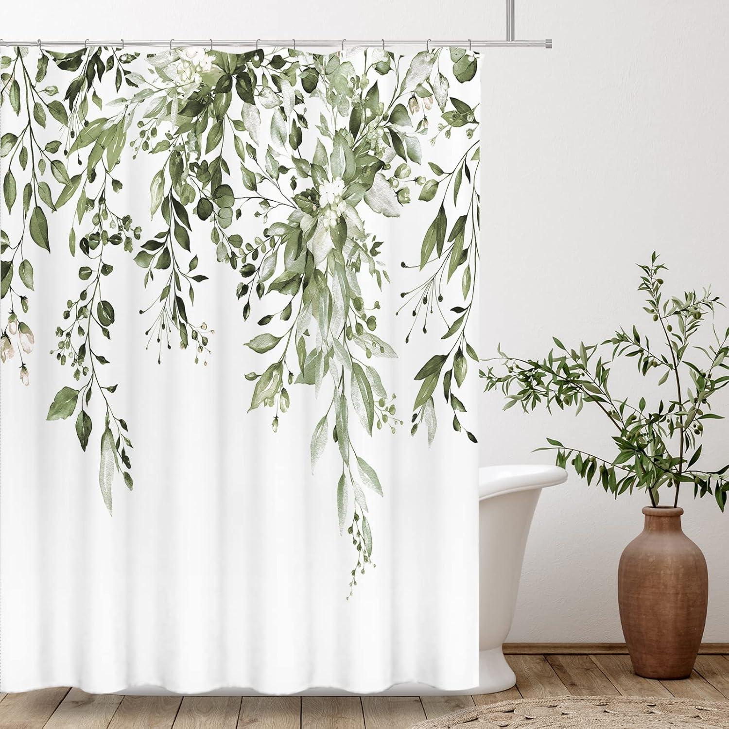 Eucalyptus Watercolor Leaves Semi-Sheer Waterproof Shower Curtain