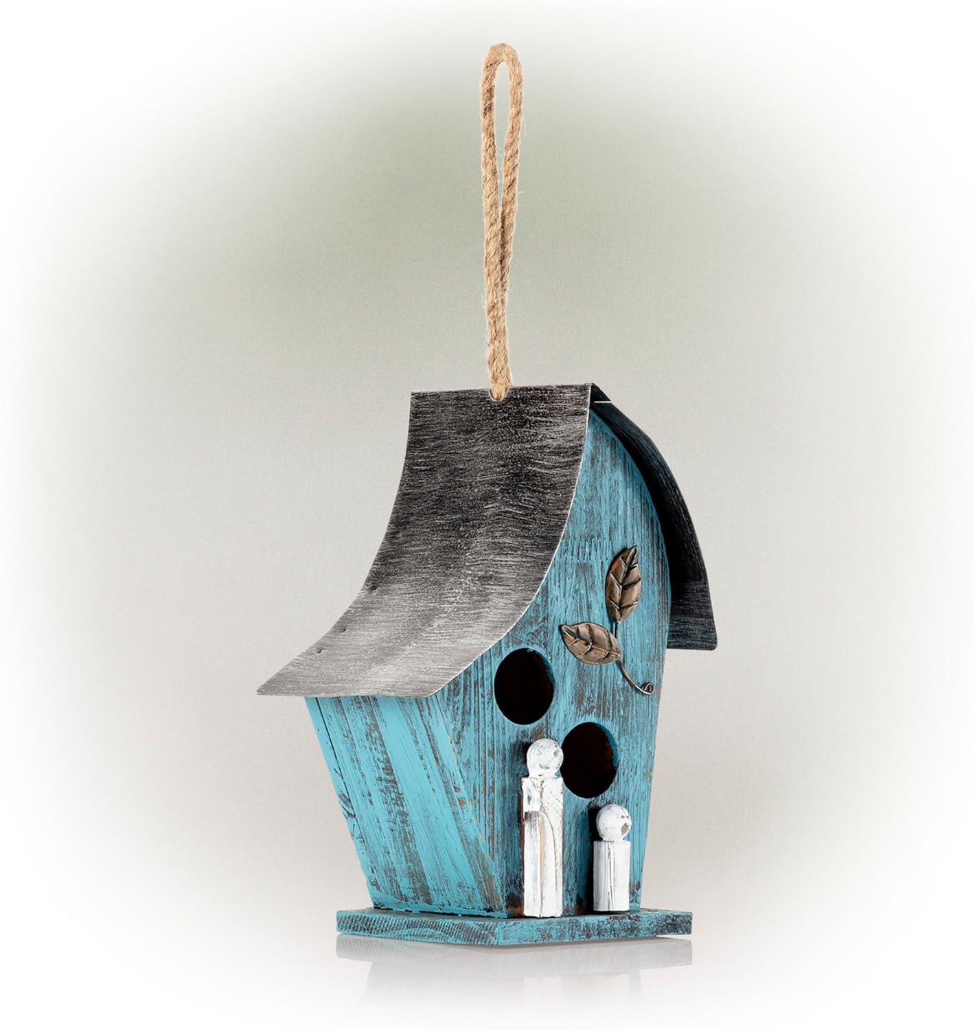 21" Tall Blue Distressed Wood and Metal Hanging Birdhouse