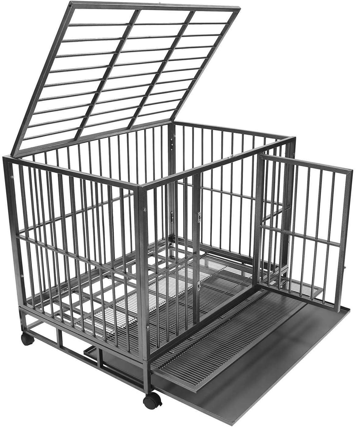 Large Gray Heavy-Duty Rolling Dog Crate with Tray