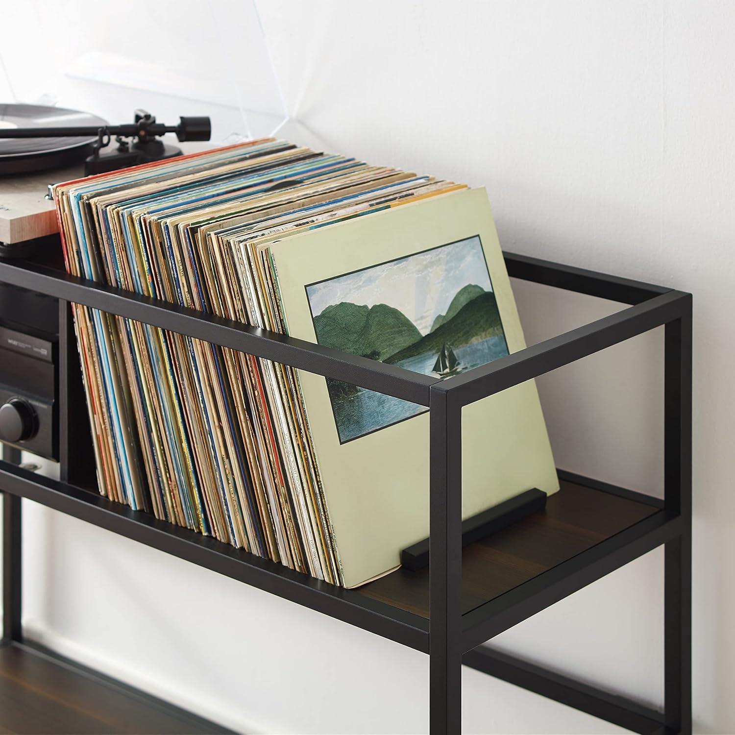 Provo Matte Black and Brown Record Storage Console with Turntable Shelf