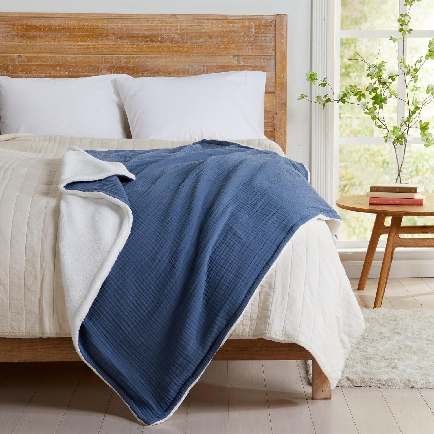 Blue Cotton Muslin Sherpa Reversible Throw Blanket