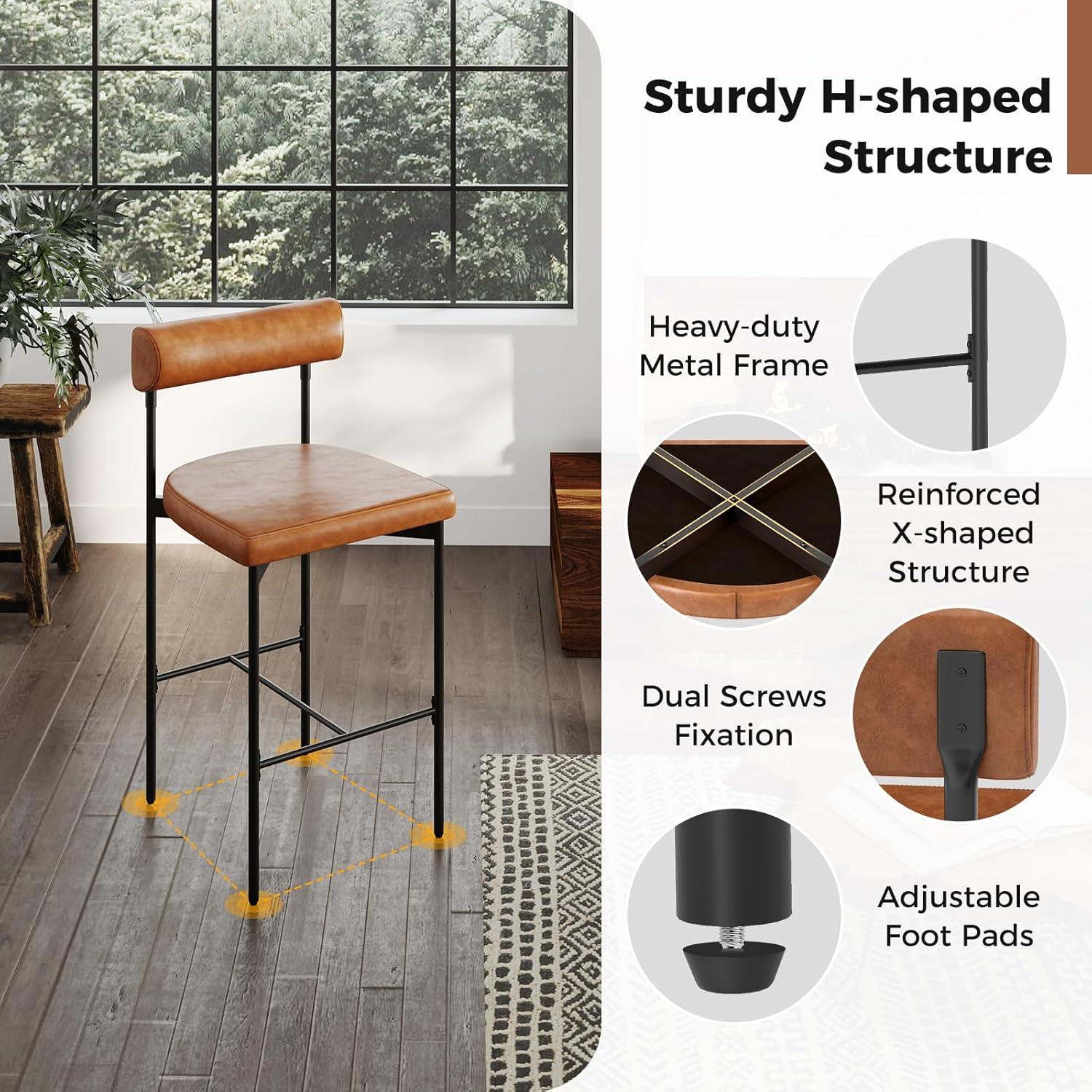 Brown Faux Leather and Metal Counter Stools, Set of 2