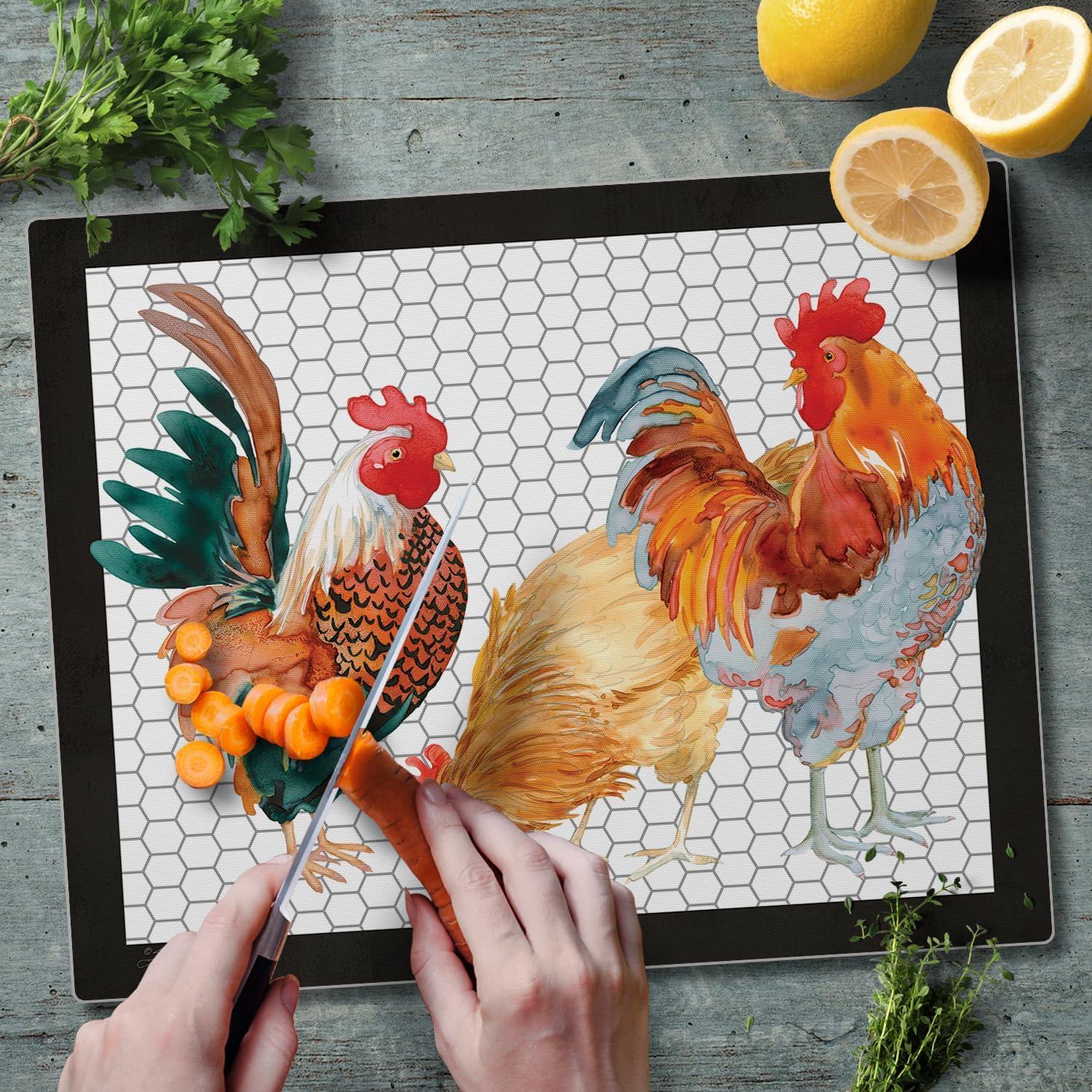 Whimsical Roosters Tempered Glass Rectangular Cutting Board