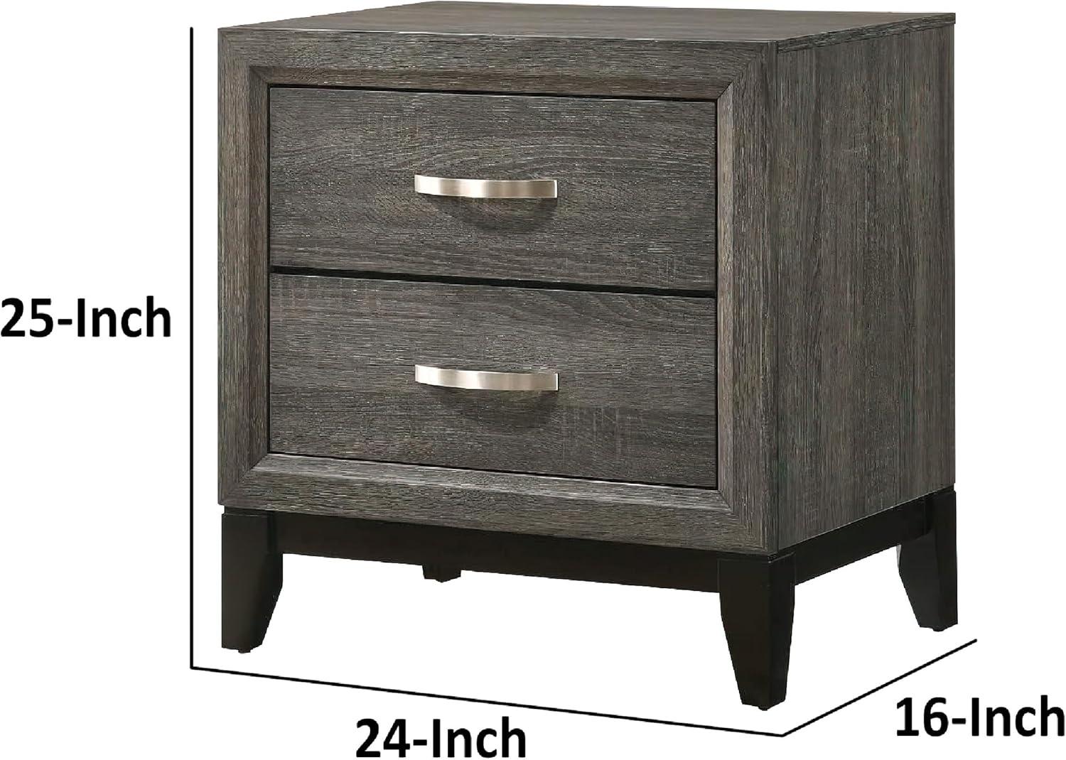 Gray Wood Grain 2 Drawer Nightstand with Metal Handles