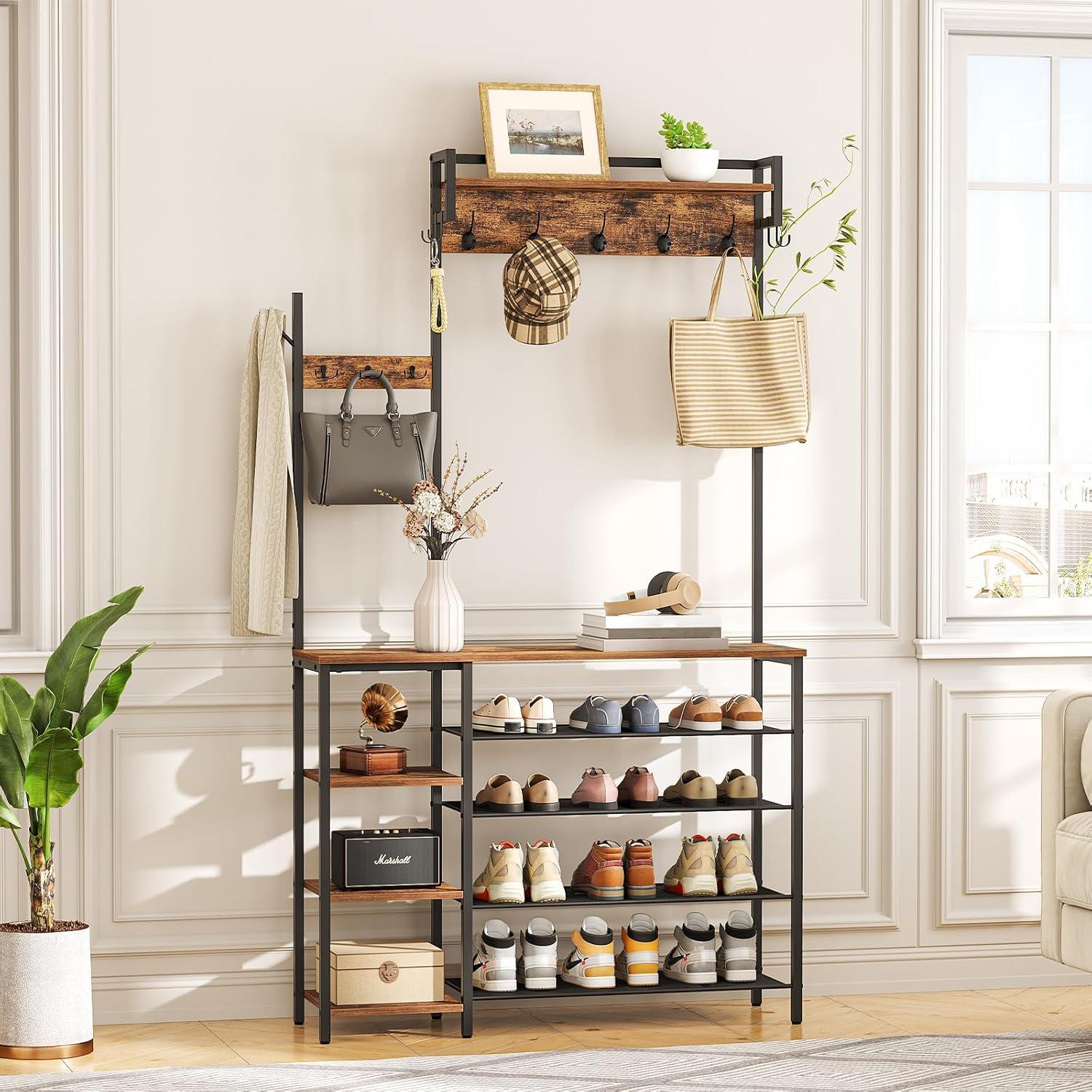 HOOBRO Rustic Brown Hall Tree with Bench, Coat Rack and Shoe Storage, Reversible Shelves - BF105MT01