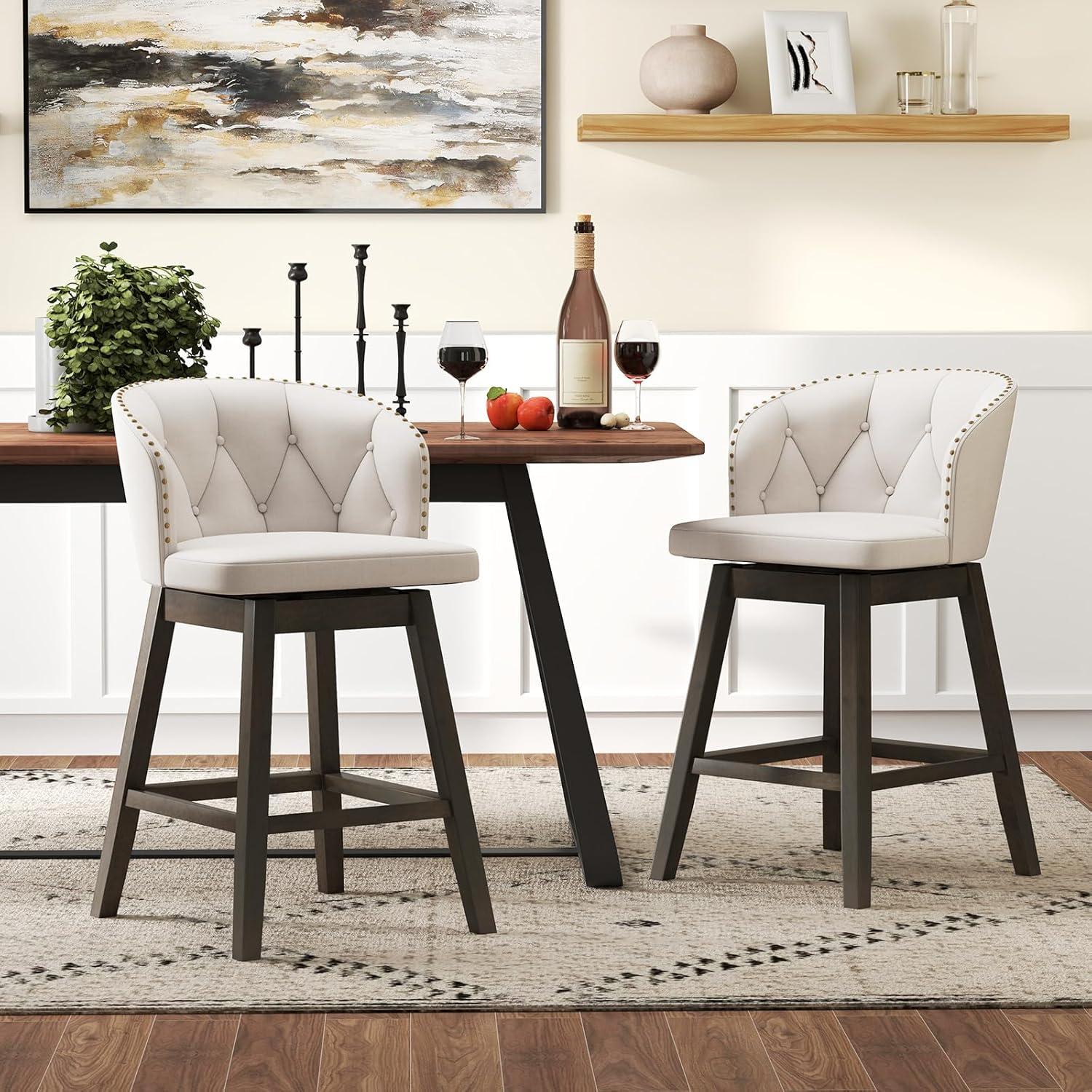 Costway 2 PCS Counter Height Bar Stools Fabric Upholstered Island Stools with 360° Swivel Seat Beige