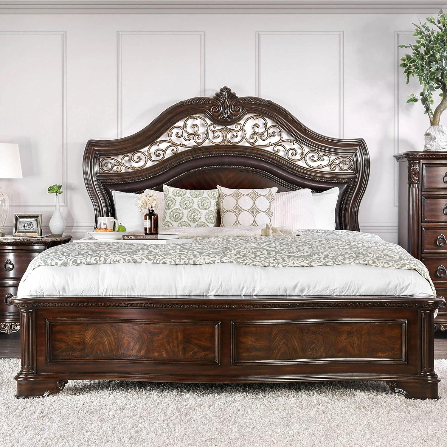 Brown Cherry King Panel Bed with Ornate Headboard