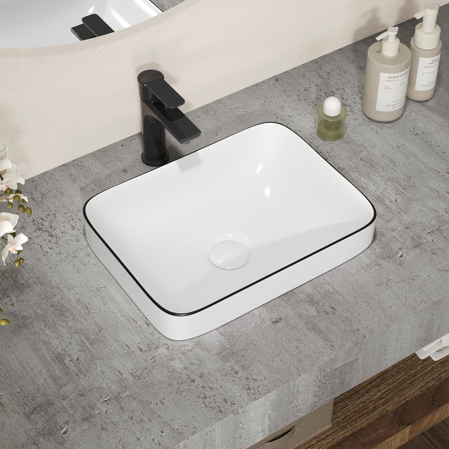 DeerValley Ace 15'' White/Black Square Ceramic Vessel Bathroom Sink
