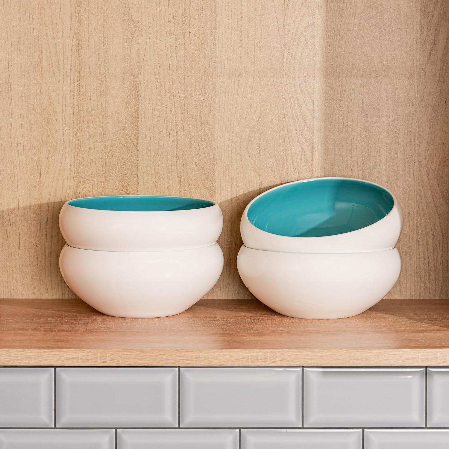 Porcelain Salad Bowls 7.2 x 3 in. Set Of 4 - Serving Bowl for Soup, Dessert, Ice Cream. Stackable Bowls for Oatmeal - Microwave, Oven, and Dishwasher Safe, Scratch Resistant 37 oz (Turquoise)