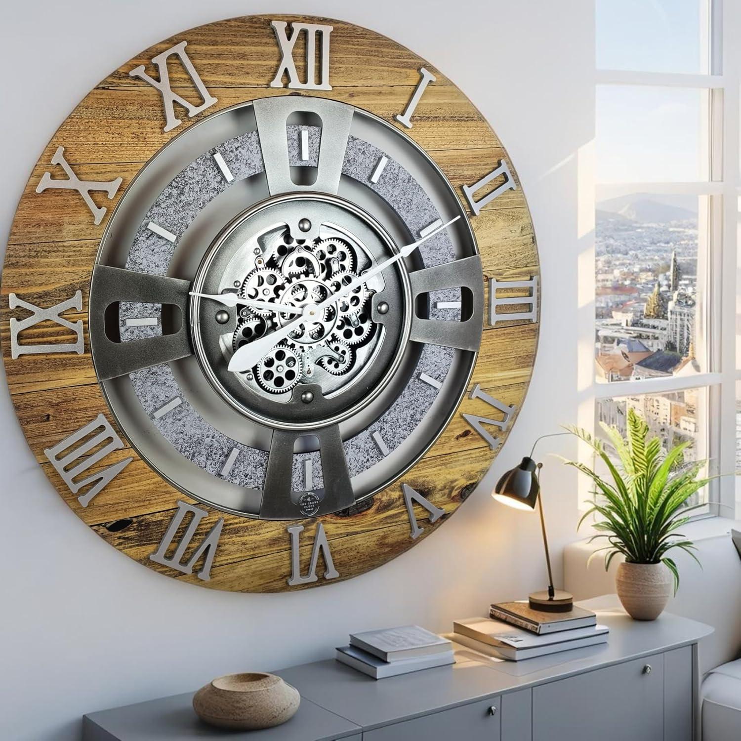 The Gears Clock Wall Clock 36" Oversized for Living Room decor with Real Moving Gears England Collection