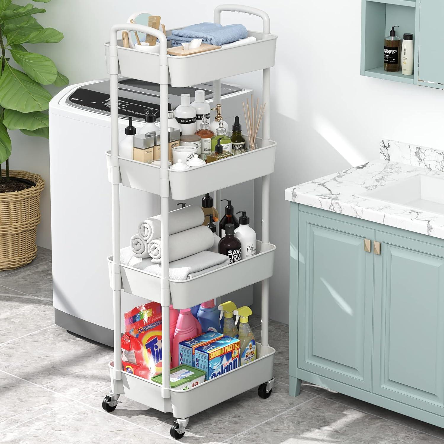 White 4-Tier Plastic Rolling Kitchen Storage Cart with Handle