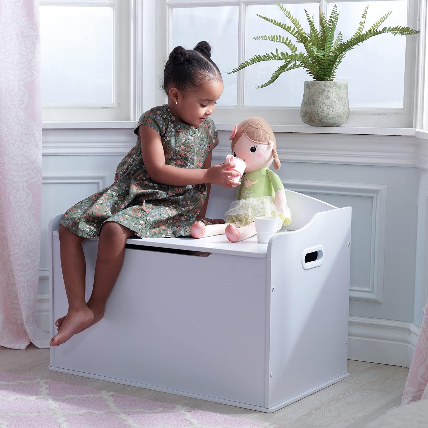 White Wooden Toy Box Bench with Safety Hinged Lid