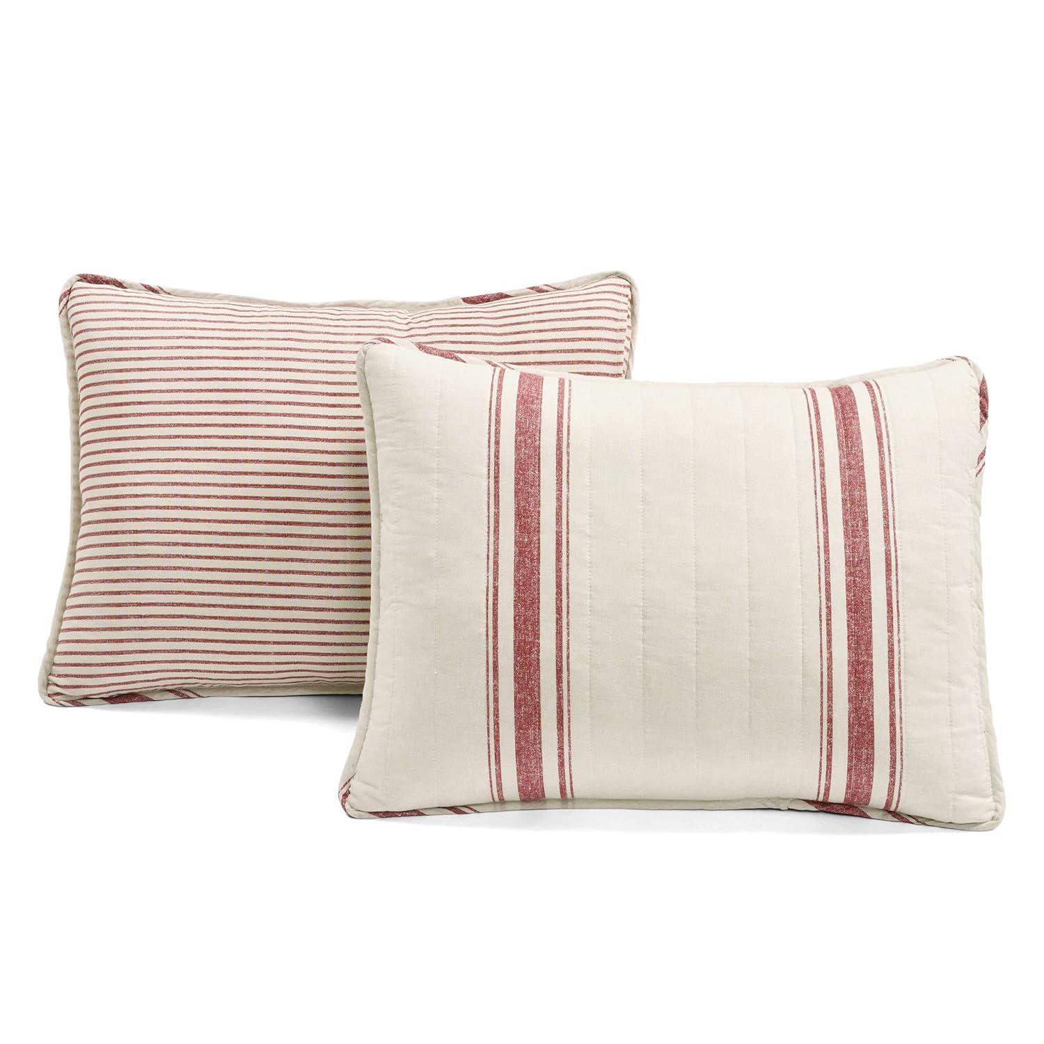 Lush Decor Farmhouse Stripe Cotton Reversible Quilt, King, Red, 3-Pc Set
