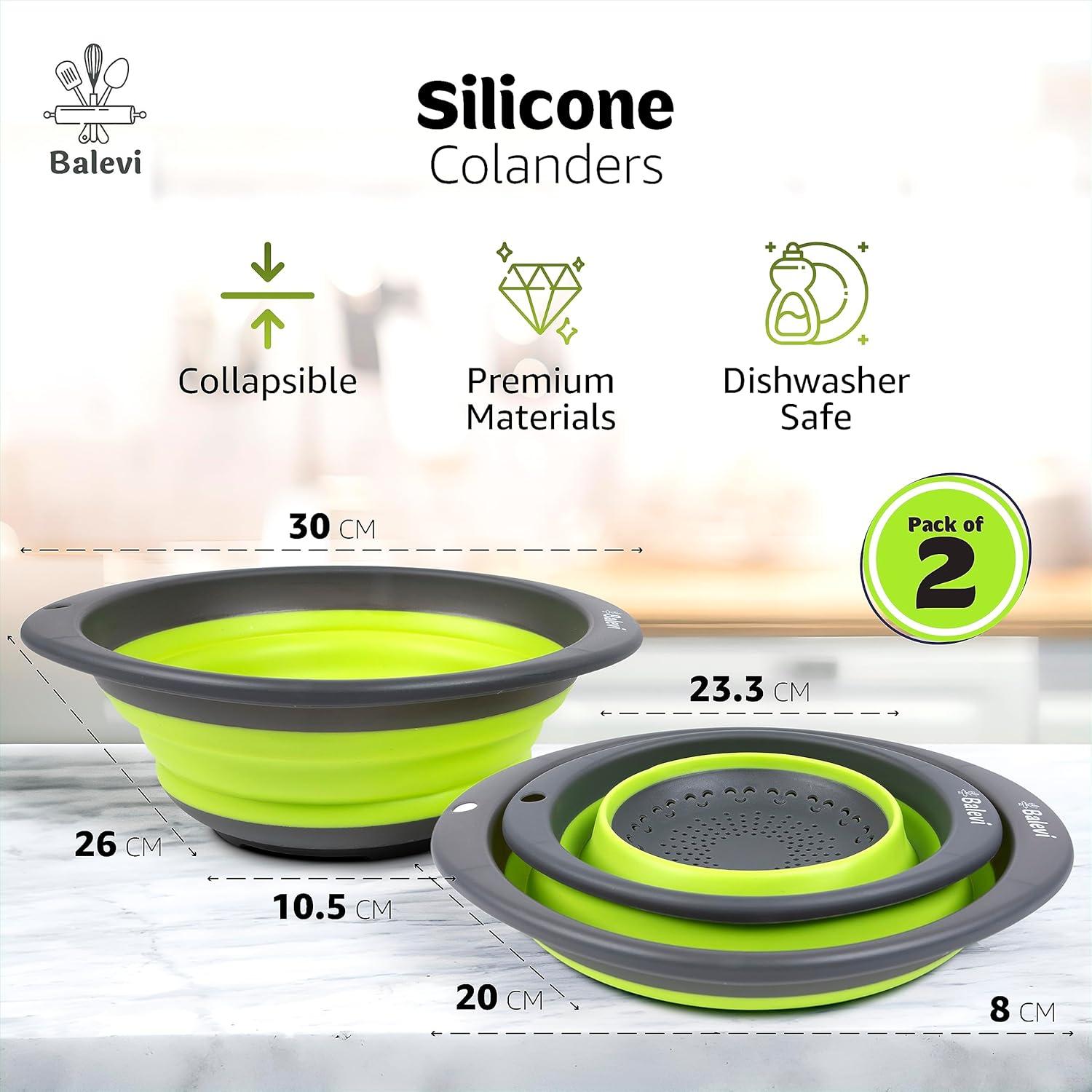 "Balevi Collapsible Strainers for Kitchen - Collapsible Colander Set of 2 Made of Silicone - Collapsible Strainer with Little Pegs to Keep Food Elevated - Green"