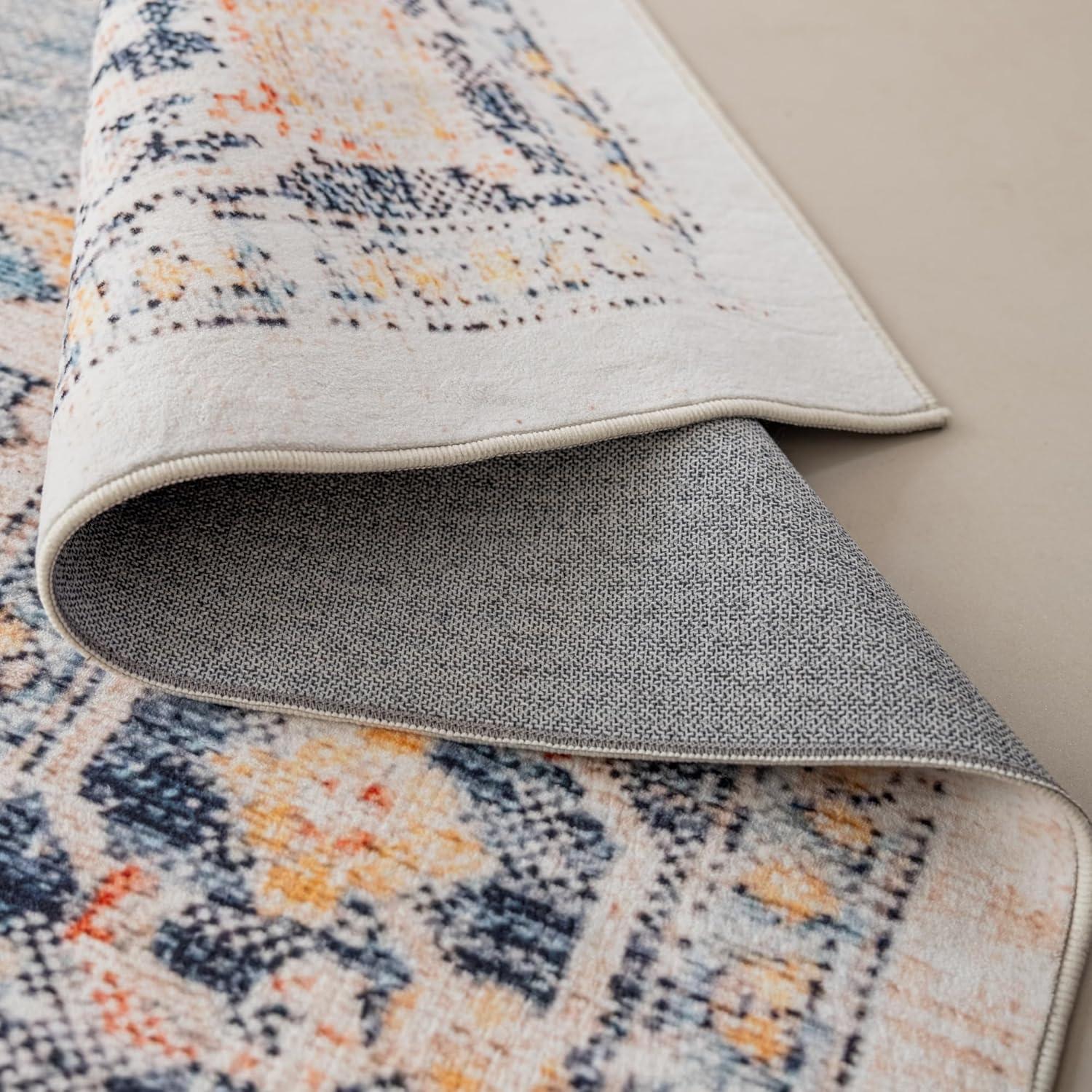 VK VK·LIVING 9x12 Area Rug Washable Rugs for Living Room Rug Vintage Design Boho Rug with Non Slip Living Room Rug Bedroom Carpet Stain Resistant, Home Decor, Blue&Orange