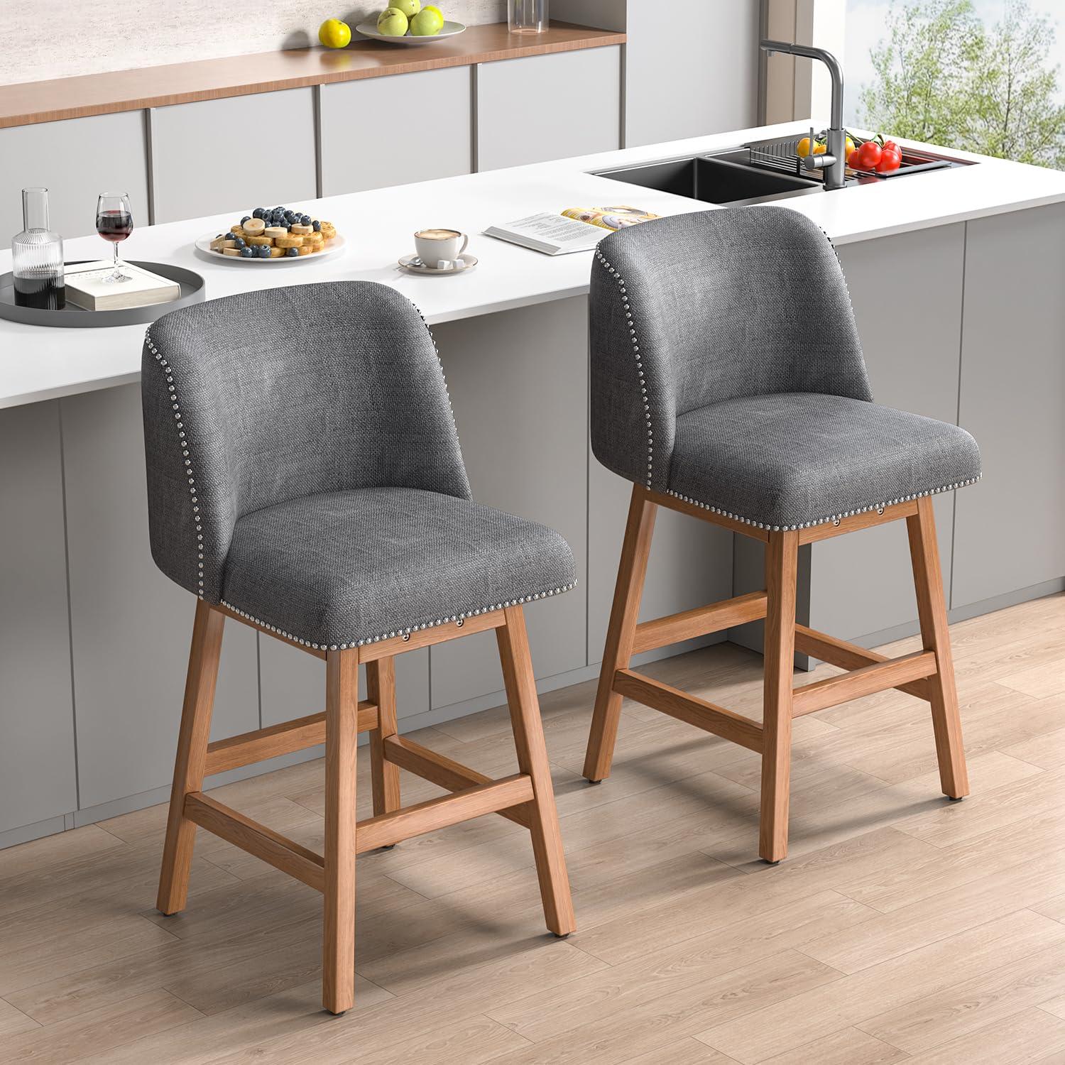 George Oliver Bar Stools Set of 2 Counter Height Chairs with Footrest for Kitchen, Dining Room And 360 Degree Solid Wood Legs Swivel Bar Stools Set of 2(Linen)