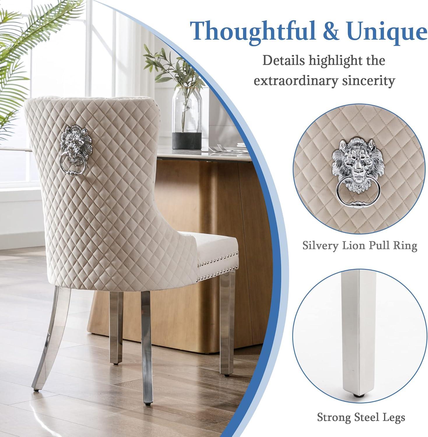 SoarFlash Velvet Dining Chairs Set of 4, Tall Back Side Chair, Modern Upholstered High-end Tufted Side Chair with Button Back Ring, Solid Wood Legs (Beige)