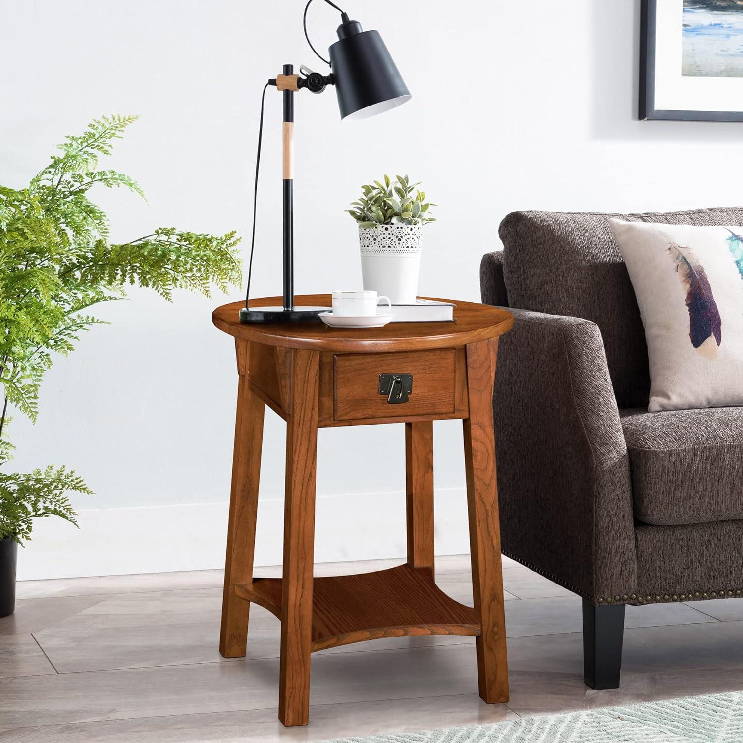 Leick Home 9056-RS Mission Round End Table with Drawer, Made with Solid Wood, Side Table for Living Room, Bedroom, and Office, Russet Finish