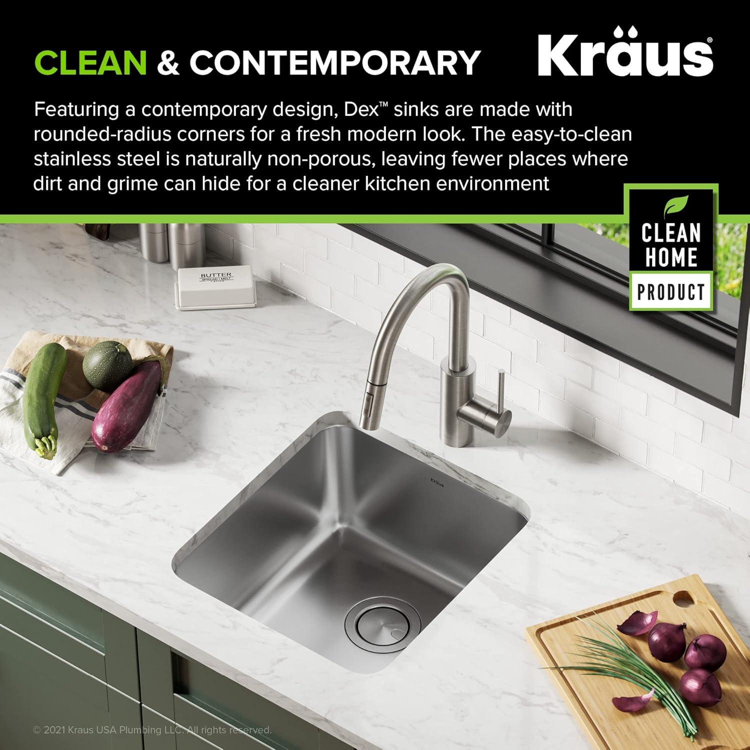 Dex™️ Series KRAUS 17" L Undermount 16 Gauge Stainless Steel Single Bowl Kitchen Sink