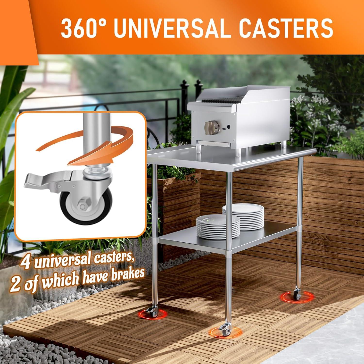 36"x24" Stainless Steel Kitchen Work Prep Table Commercial Workbench With Wheels