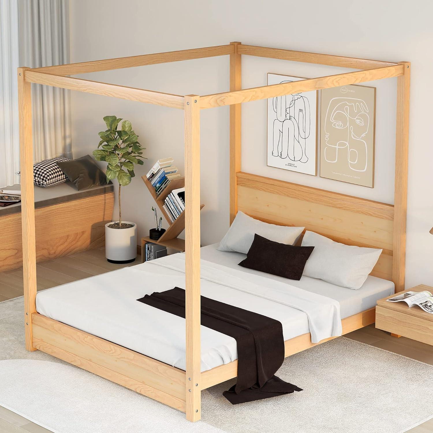 Natural Pine Queen Canopy Platform Bed with Headboard