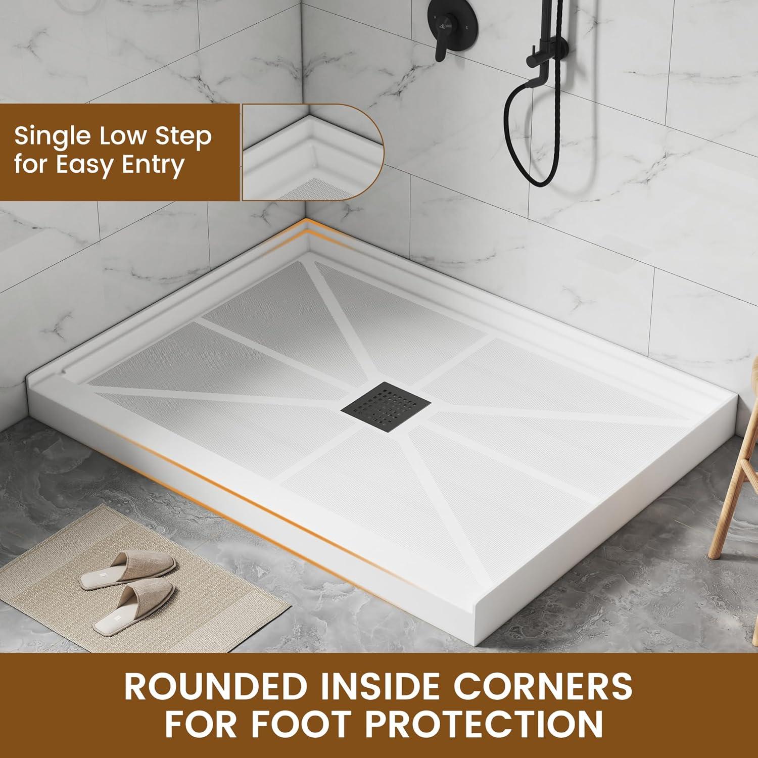 CASAINC 60"W 30/32"D Single Threshold SMC Shower Base Anti-Slip Shower Pan with Drain Assembly & Drain Cover CABR2501WH6030R