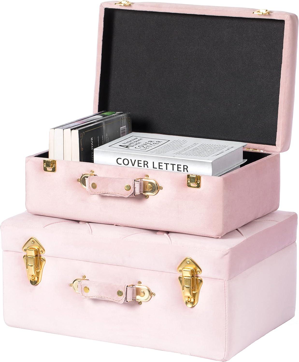 Vintiquewise Decorative Tufted Velvet Suitcase Treasure Chest Set of 2, Pink