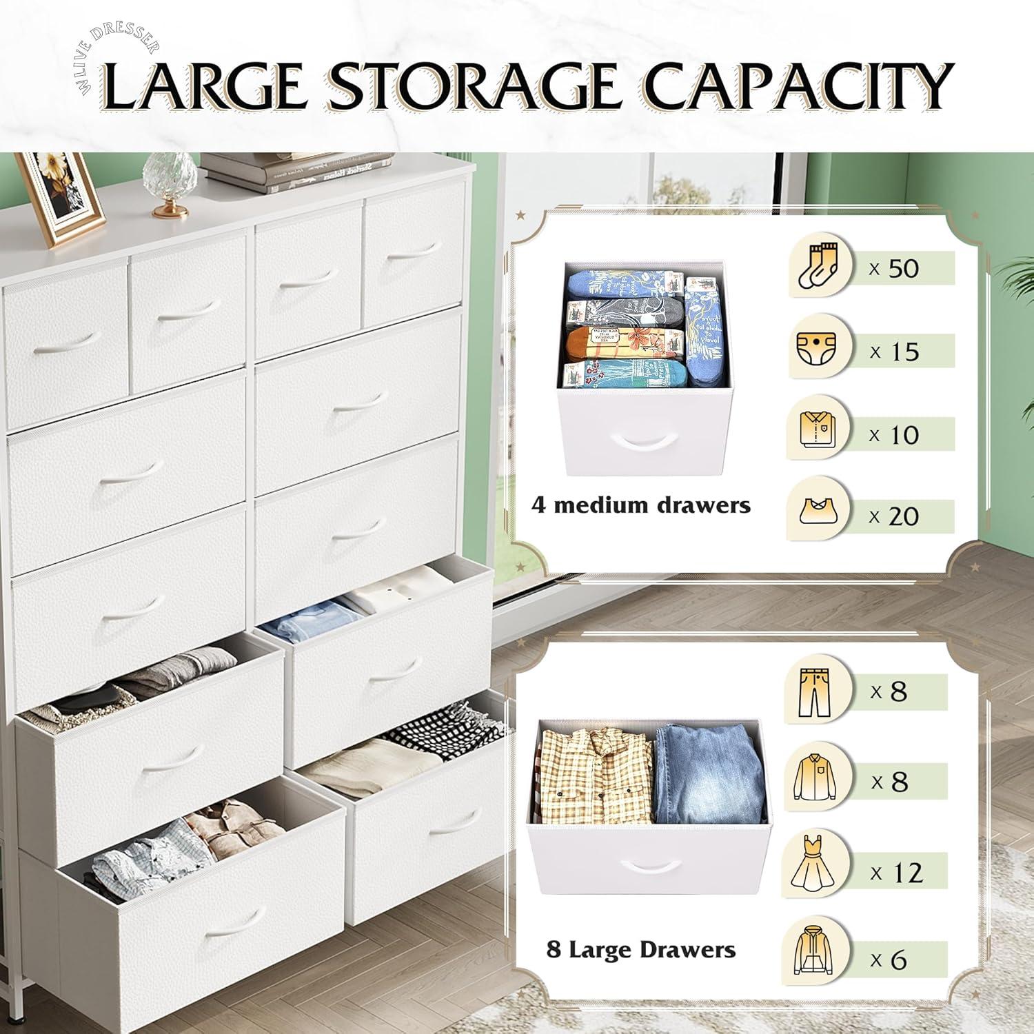 Lulive Dresser for Bedroom with 12 Drawers, Tall Dresser Chest of Drawers with Side Pockets and Hooks, Fabric Dresser Storage Tower for Closet, Hallway, Living Room (White)