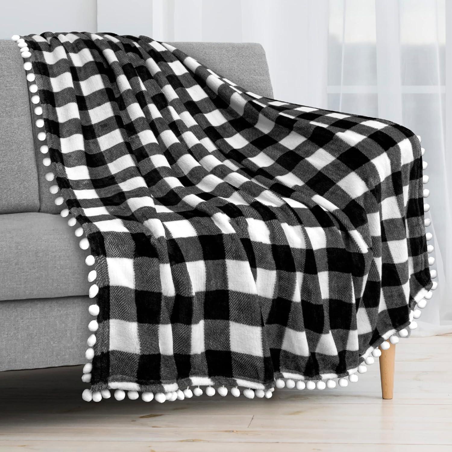 PAVILIA Fleece Pom Pom Blanket Throw for Sofa Bed, Soft Lightweight Pompom Fringe Blanket for Couch