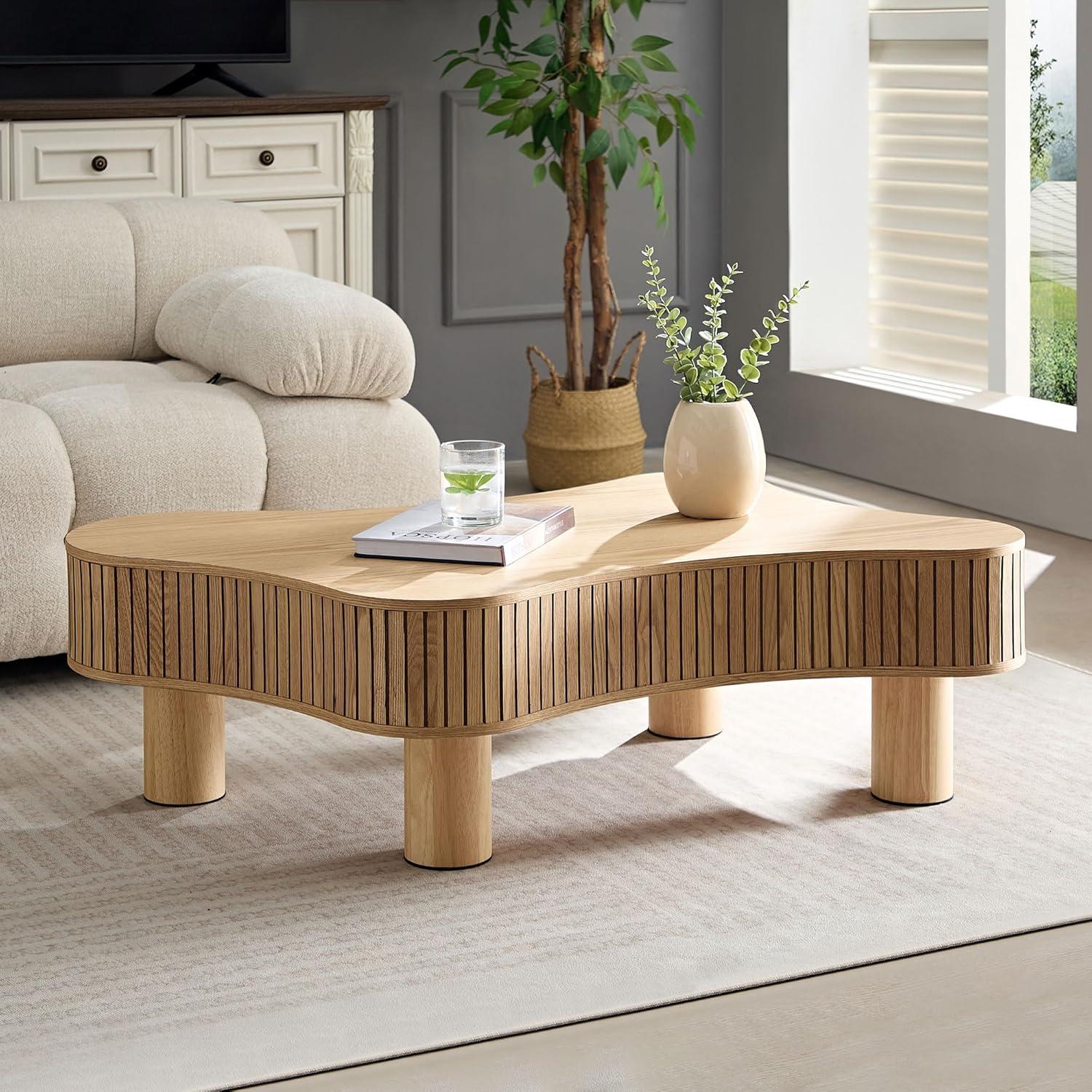 Natural Wood Irregular Shaped Coffee Table with Solid Legs