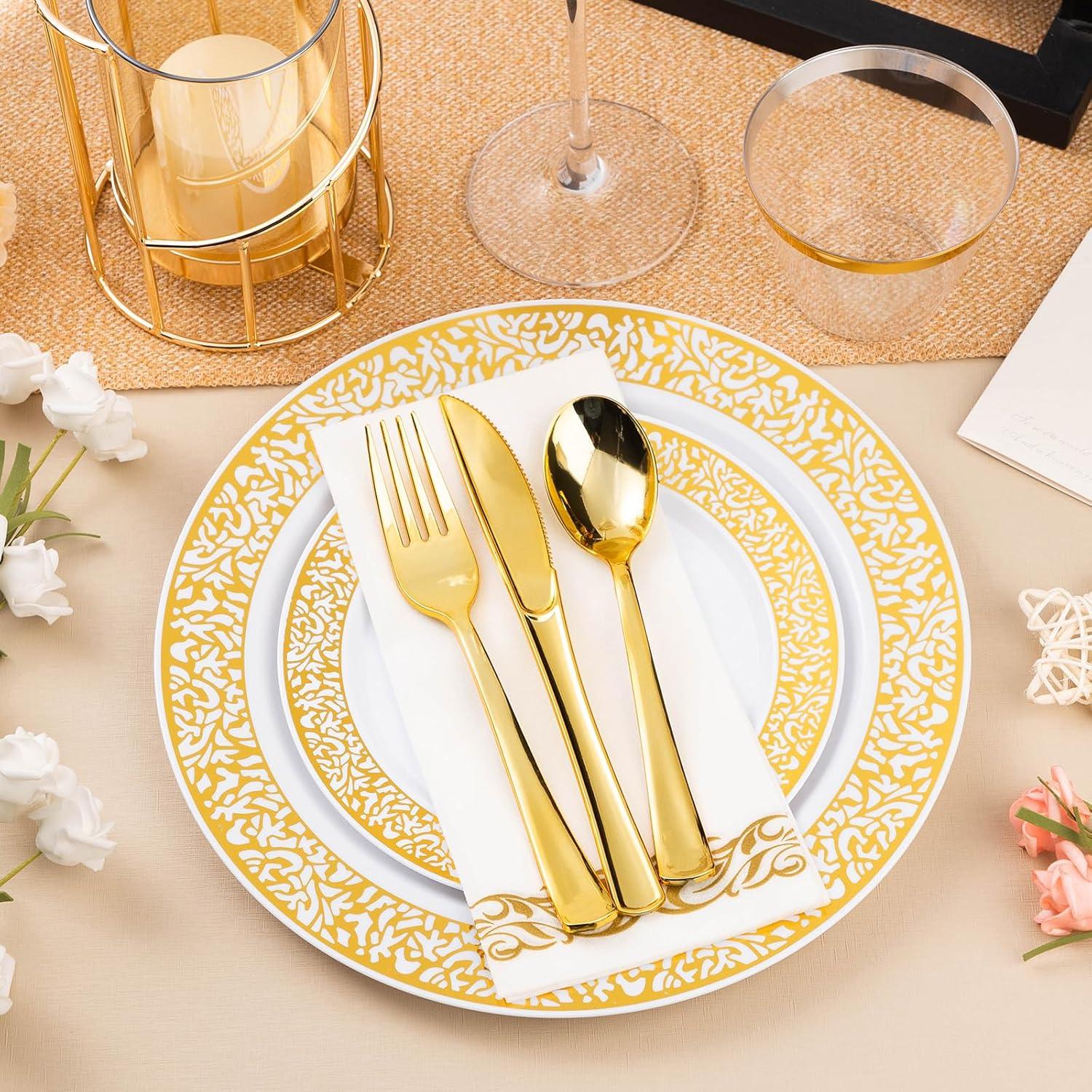 FOCUSLINE 350 Piece Gold Rim Dinnerware Set, Disposable Plastic Plates for Party or Wedding-100 Plastic Plates-50 Plastic Silverware-50 Plastic Cups-50 Linen Feel Napkins(50 Guest)