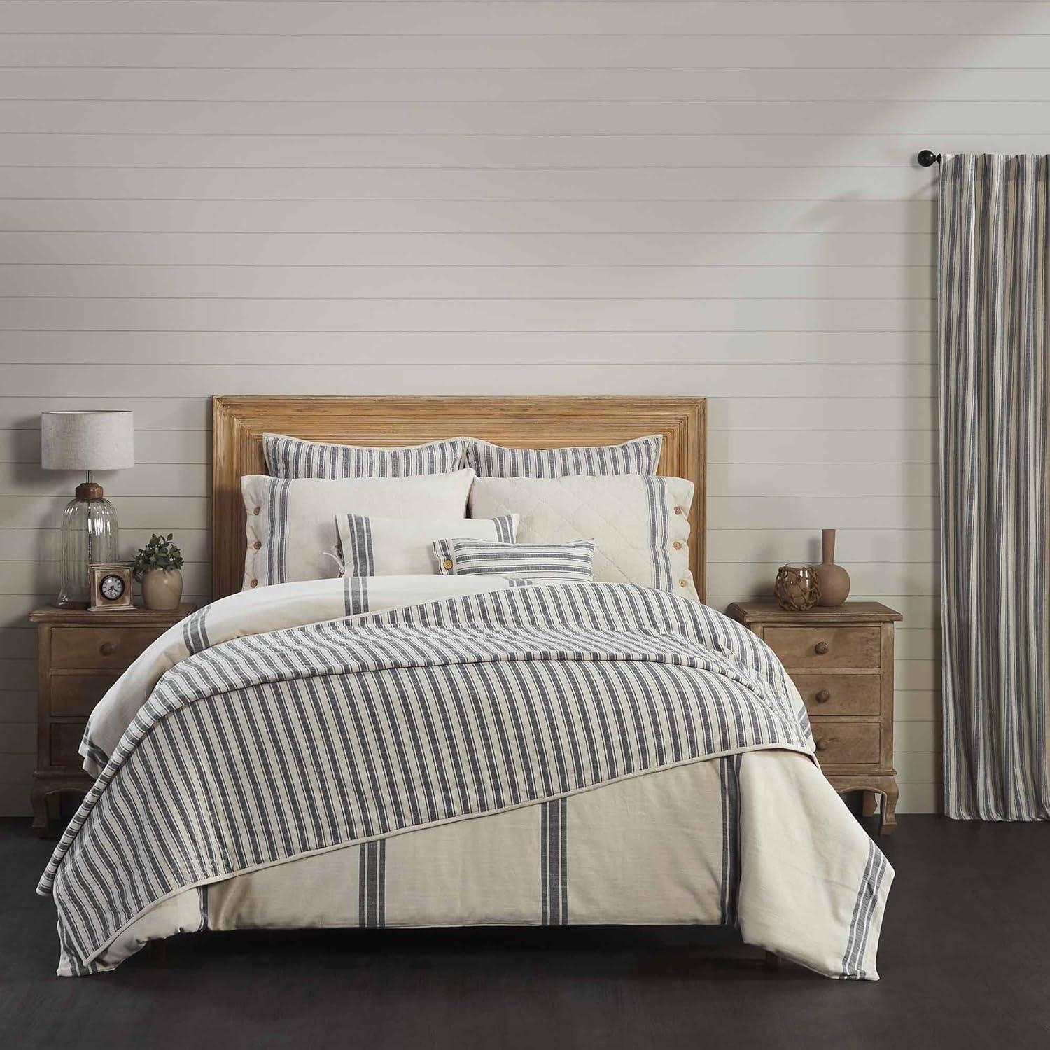 King Size Cream and Gray Cotton Stripe Duvet Cover