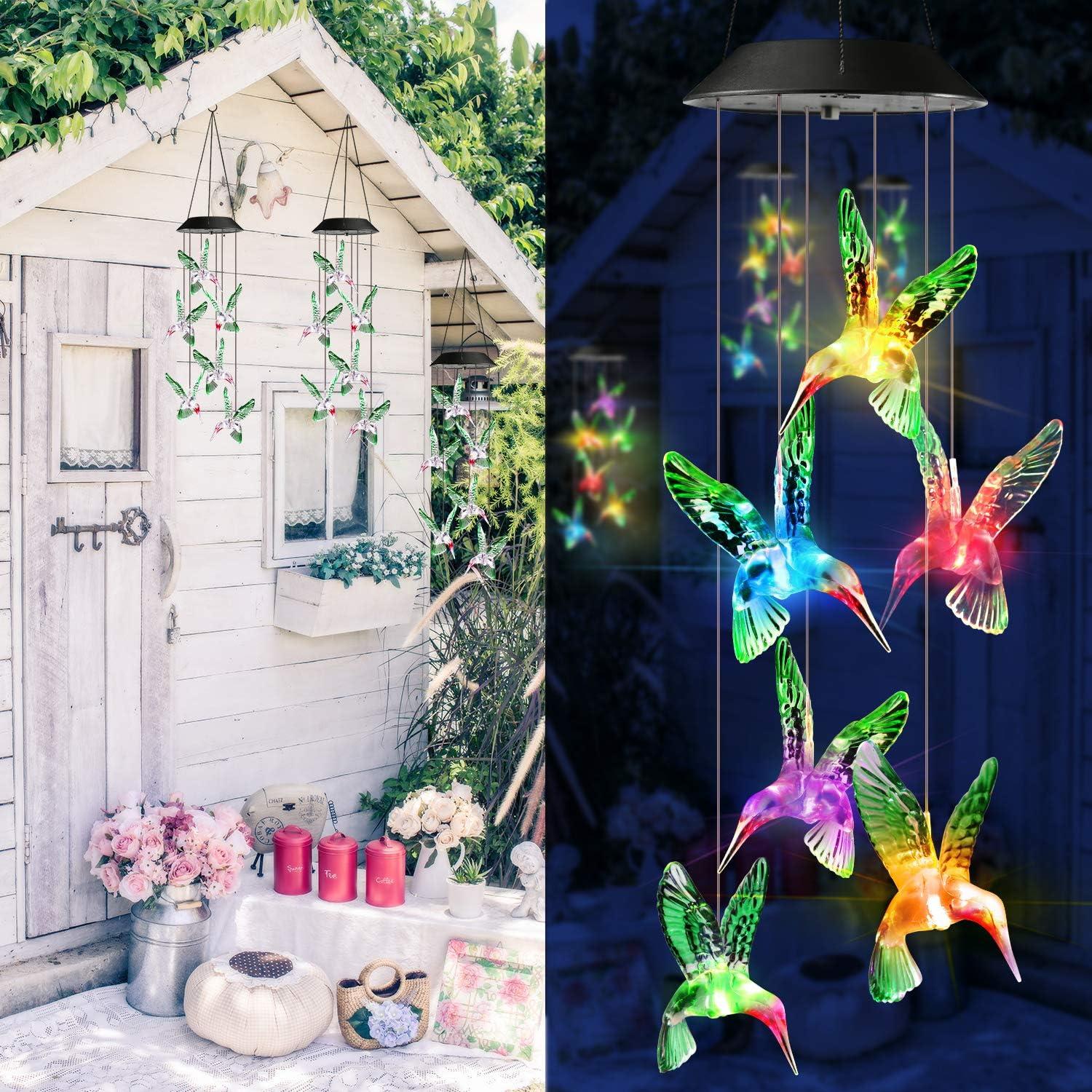 Toodour Solar Wind Chime Lights, Color Changing Hummingbird Wind Chimes, Gifts for Mom, Waterproof LED Outdoor Decorative Lights for Garden, Patio, Yard, Window Decors